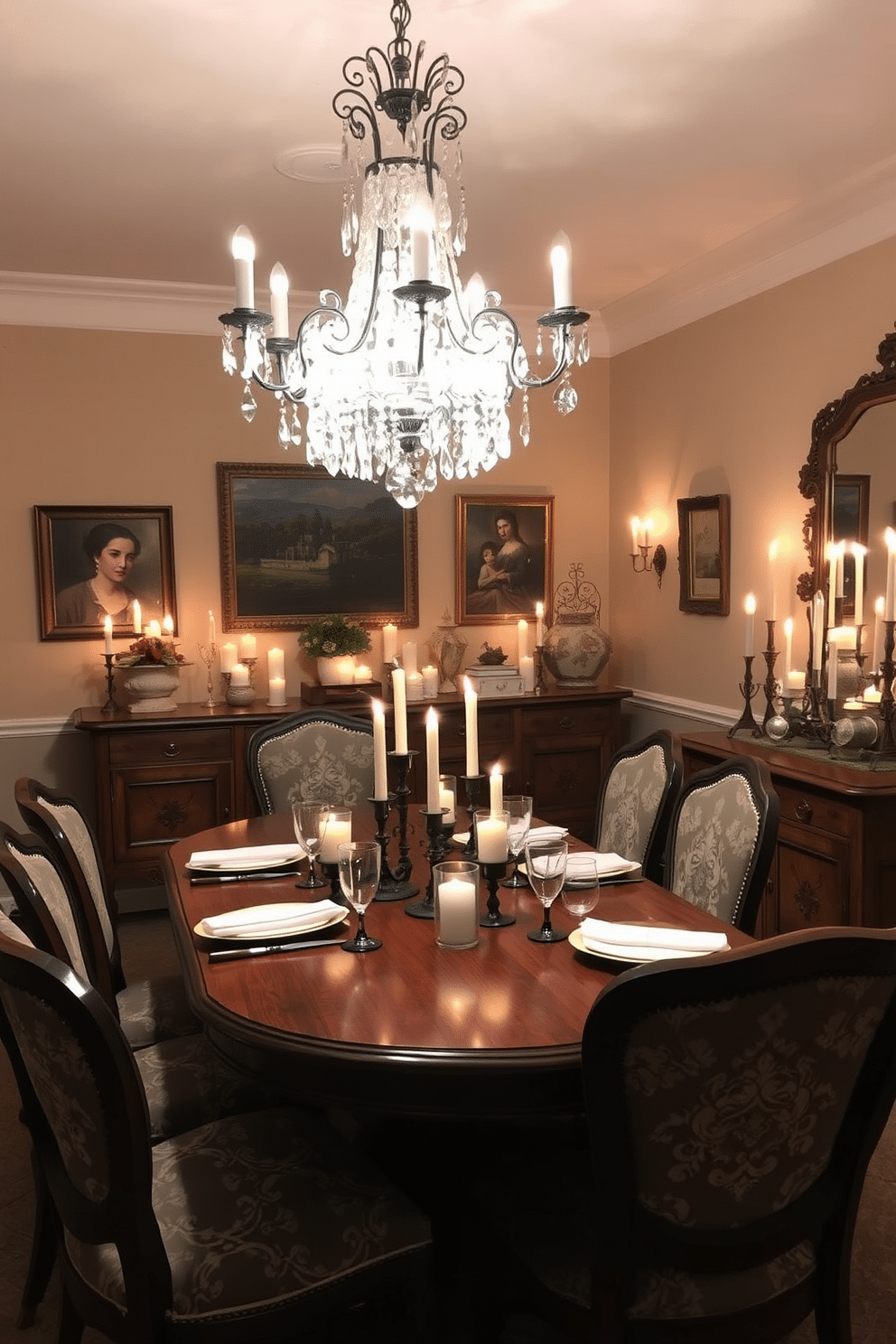 A candlelit ambiance fills the French dining room, where an elegant wooden table is set for an intimate dinner. Surrounding the table are upholstered chairs with intricate patterns, and a crystal chandelier hangs overhead, casting a warm glow. Soft, muted colors adorn the walls, complemented by vintage artwork and decorative mirrors. A sideboard displays an array of decorative candles in varying heights, adding to the romantic atmosphere of the space.