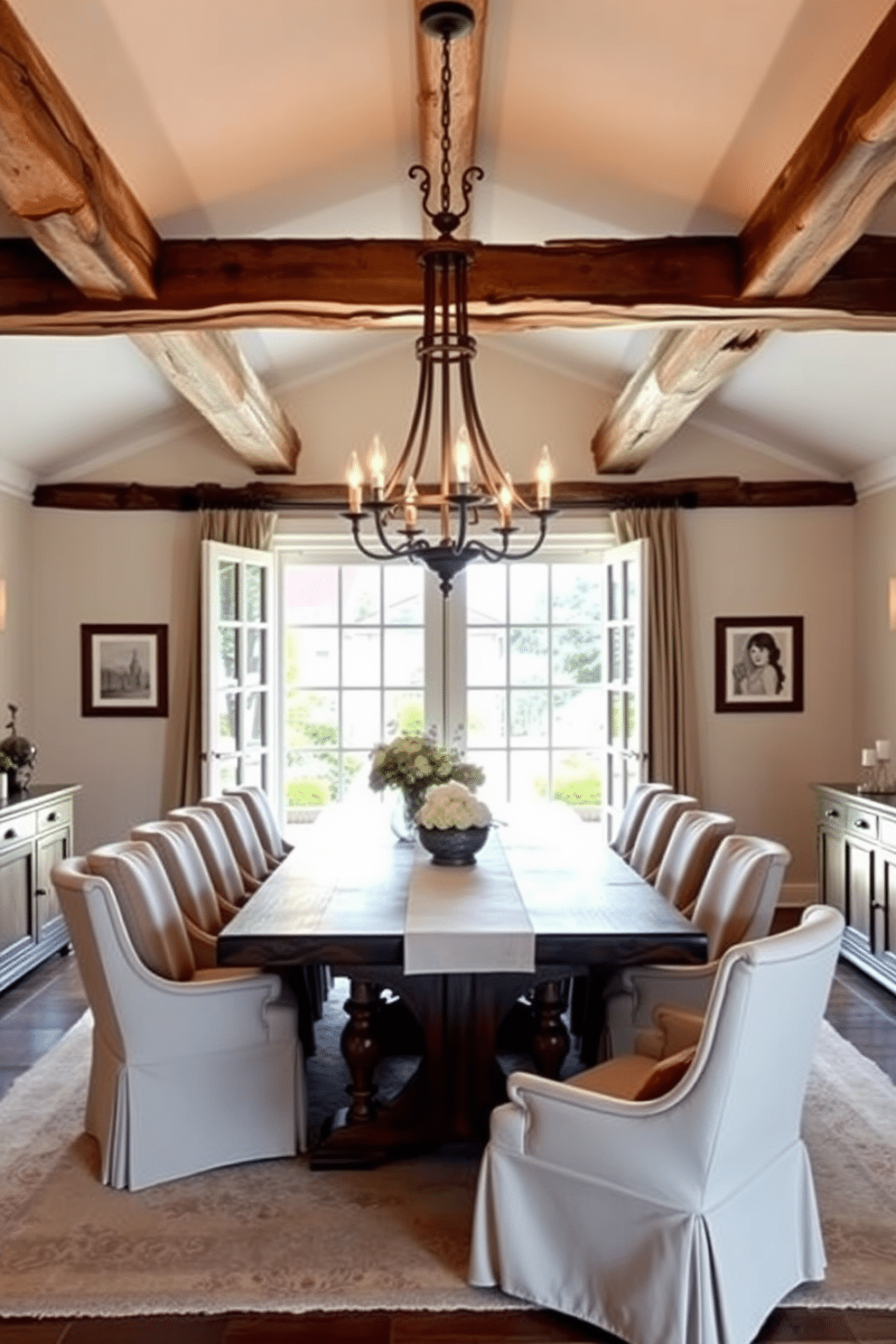 A charming French dining room featuring exposed wooden beams that add rustic elegance to the space. The room is adorned with a large farmhouse table surrounded by upholstered chairs, creating a warm and inviting atmosphere. Soft, ambient lighting hangs from a wrought iron chandelier, casting a gentle glow over the dining area. Elegant French doors open to a garden, enhancing the connection between indoor and outdoor living.