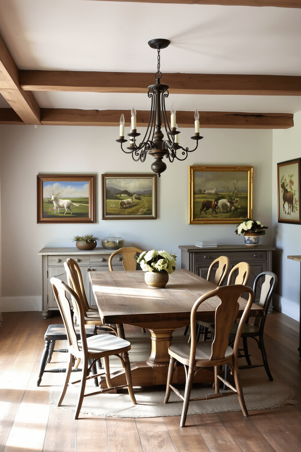 A charming French country dining room adorned with rustic artwork on the walls, featuring pastoral scenes and floral motifs in soft, muted colors. The space is filled with a large, weathered wooden table surrounded by mismatched chairs, complemented by a vintage chandelier hanging from a beamed ceiling.