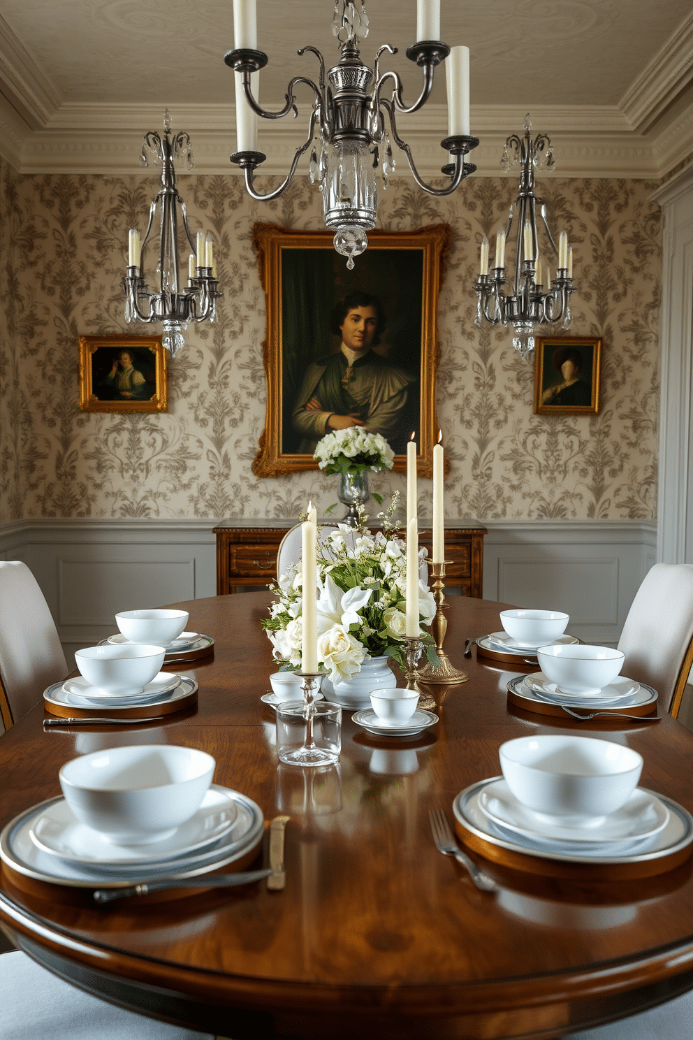 A refined dining room featuring elegant porcelain dinnerware set on a polished wooden table. The table is adorned with a crisp white tablecloth, and delicate floral arrangements are placed in the center, complemented by soft candlelight. The room is decorated with vintage French wallpaper, showcasing intricate patterns in muted tones. Elegant chandeliers hang from the ceiling, casting a warm glow over the space, while plush upholstered chairs invite guests to linger.