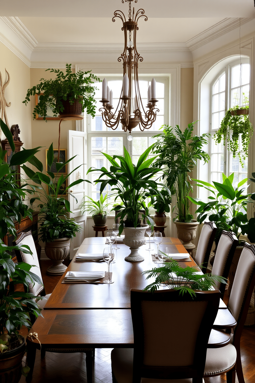 A French dining room filled with lush greenery in decorative pots creates a vibrant and inviting atmosphere. The elegant wooden dining table is surrounded by upholstered chairs, and large windows allow natural light to pour in, enhancing the beauty of the plants. The walls are adorned with soft pastel colors, complementing the rich textures of the table setting. Intricate chandeliers hang above, casting a warm glow on the lush foliage and creating a sophisticated dining experience.