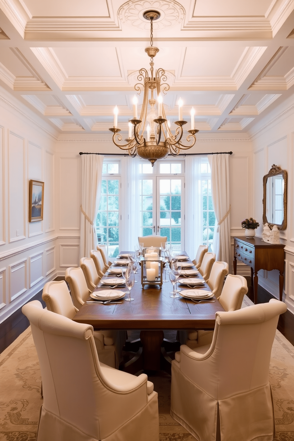 A classic French dining room features elegant white wainscoting that adds a touch of sophistication to the space. The room is adorned with a large, ornate chandelier hanging from a coffered ceiling, casting a warm glow over a long, rustic wooden dining table surrounded by plush upholstered chairs. Soft pastel hues on the walls complement the wainscoting, creating a serene and inviting atmosphere. A beautifully set table with fine china and crystal glassware is the centerpiece, while large windows draped with sheer curtains allow natural light to flood the room.