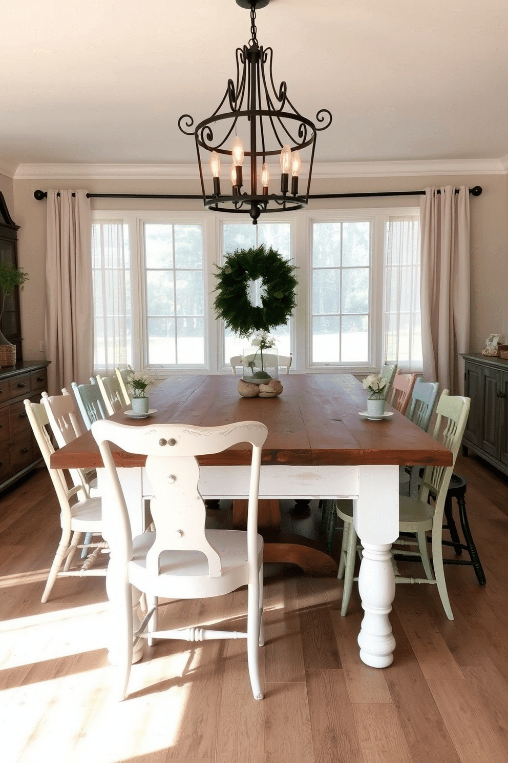 A charming farmhouse-style dining bench with a distressed white finish, featuring a thick, rustic wooden top and sturdy, turned legs. Surrounding the bench are mismatched vintage chairs, each painted in soft pastel colors, creating a cozy and inviting dining atmosphere. The dining room is adorned with a large farmhouse table made of reclaimed wood, set under a wrought-iron chandelier with warm Edison bulbs. Natural light floods the space through large windows dressed with sheer linen curtains, enhancing the rustic elegance of the room.