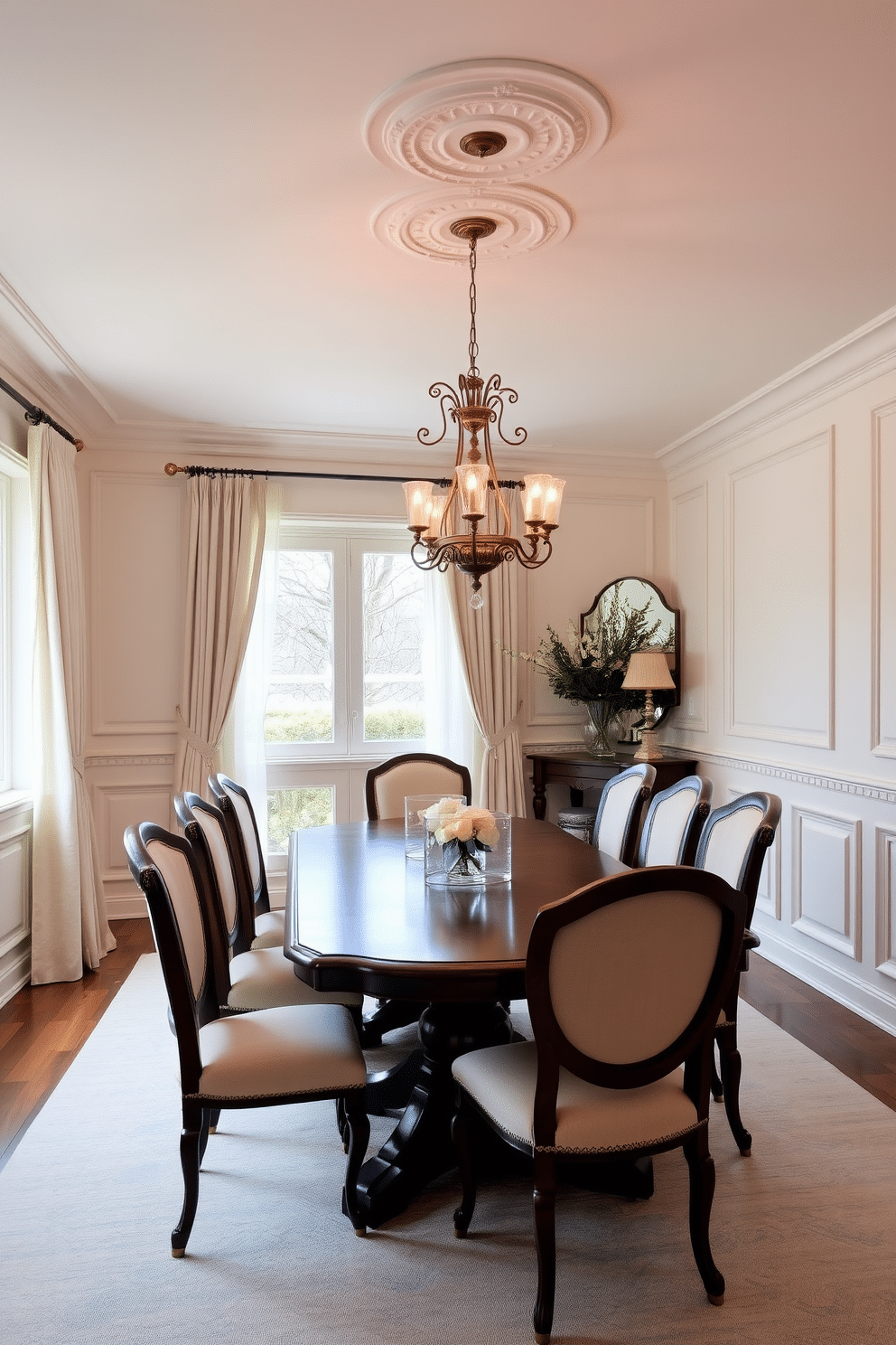 A chic French dining room features an elegant wooden table surrounded by upholstered chairs in soft pastel tones. Above the table, stylish pendant lights with intricate designs cast a warm glow, enhancing the inviting atmosphere. The walls are adorned with classic wainscoting painted in a light cream color, complemented by an ornate chandelier that adds a touch of luxury. Large windows draped with sheer curtains allow natural light to flood the space, highlighting the delicate details of the decor.