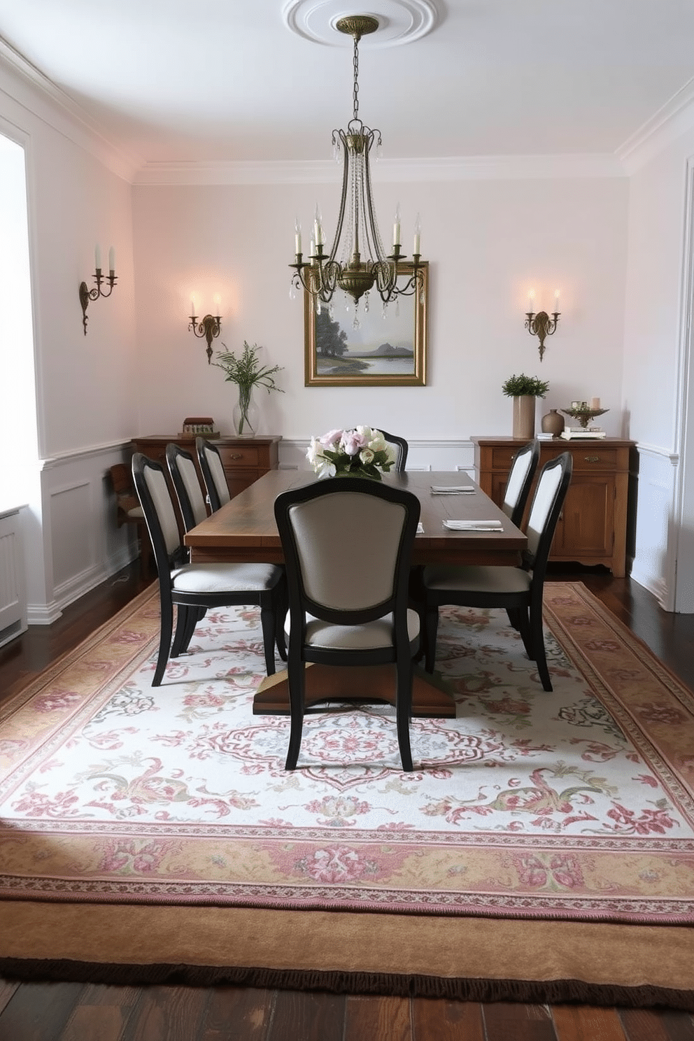 A cozy French dining room features a beautifully patterned area rug that adds warmth and texture to the space. The rug is layered beneath a rustic wooden dining table surrounded by elegant upholstered chairs, creating an inviting atmosphere for gatherings. The walls are adorned with soft pastel colors, complemented by vintage wall sconces that provide a warm glow. A charming chandelier hangs above the table, enhancing the room's sophisticated yet relaxed ambiance.