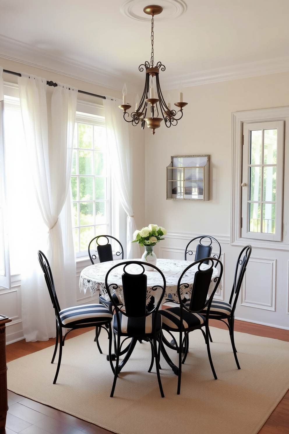 A charming French dining room featuring bistro-style chairs with a classic black and white striped pattern. The round table is adorned with a delicate lace tablecloth, and a vintage chandelier hangs overhead, casting a warm glow over the space. The walls are painted in a soft pastel hue, complemented by elegant wainscoting. Large windows draped with sheer white curtains allow natural light to flood the room, creating an inviting atmosphere for intimate gatherings.