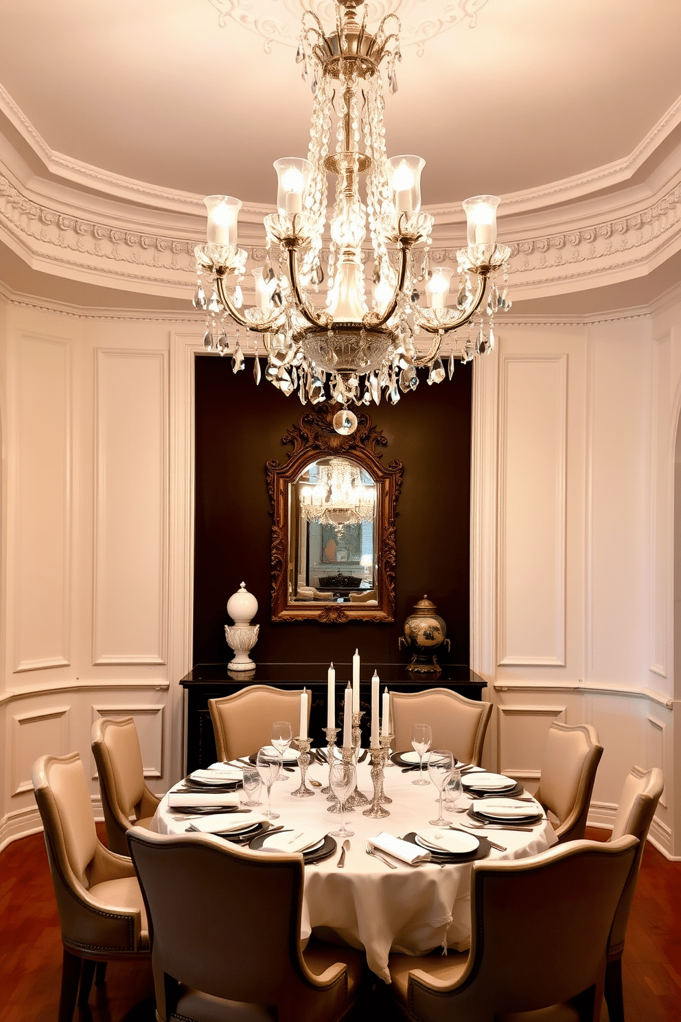 An elegant chandelier with crystal accents hangs gracefully from the ceiling, casting a warm glow over the dining area. The table is set with fine china and polished silverware, surrounded by upholstered chairs in a soft, muted fabric. The walls are adorned with intricate molding, painted in a classic white to complement the rich wooden flooring. A large, ornate mirror reflects the chandelier, enhancing the room's sense of luxury and space.