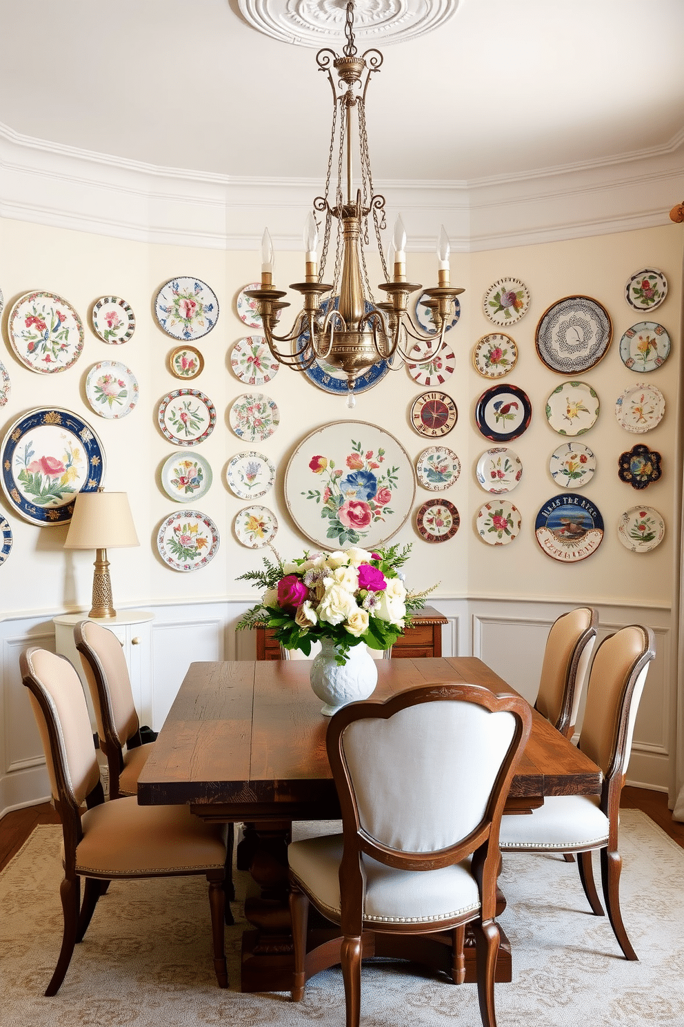 A charming French dining room adorned with decorative plates hung as wall art. The plates showcase intricate floral designs and vibrant colors, creating a stunning focal point on the soft cream walls. A rustic wooden dining table is set at the center, surrounded by elegant upholstered chairs in muted pastels. A vintage chandelier hangs above, casting a warm glow over the room, complemented by fresh flowers in a ceramic vase.