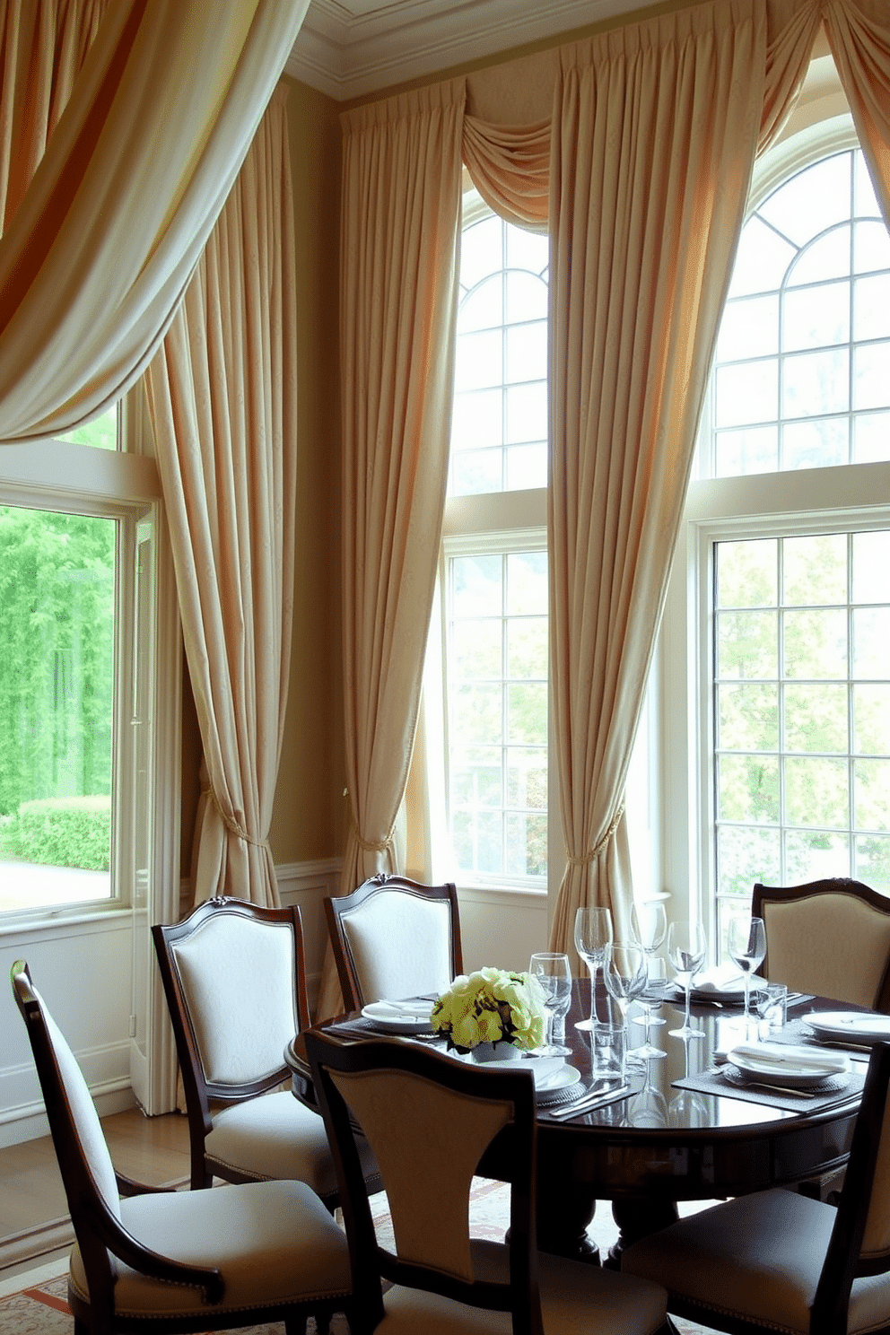 Soft drapery cascades gracefully from the ceiling, framing large windows that allow natural light to filter into the room. The fabric features delicate patterns in soft pastels, enhancing the elegance of the space while providing a sense of warmth. The dining table, crafted from rich mahogany, is set for an intimate gathering, adorned with fine china and crystal glassware. Surrounding it are upholstered chairs in coordinating fabrics, creating a cohesive and inviting atmosphere perfect for entertaining guests.