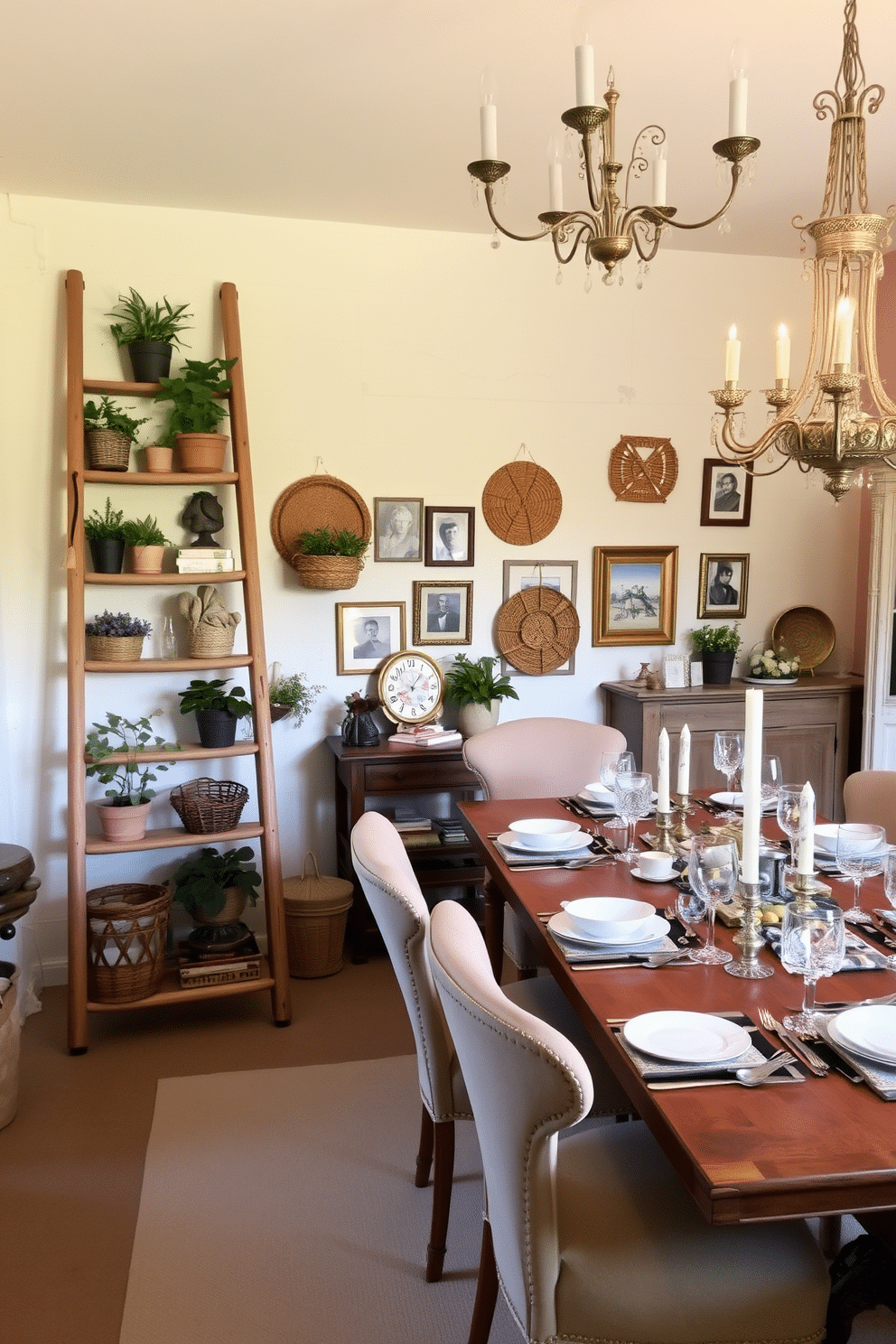 A rustic wooden ladder leans against a whitewashed wall, adorned with various decorative items such as potted plants, woven baskets, and framed photographs. The ladder's natural finish complements the warm tones of the surrounding decor, creating an inviting and cozy atmosphere. The French dining room features a long, elegant wooden table set with fine china and crystal glassware. Soft, muted colors on the walls and vintage chandeliers overhead enhance the romantic ambiance, while plush upholstered chairs invite guests to linger over meals.