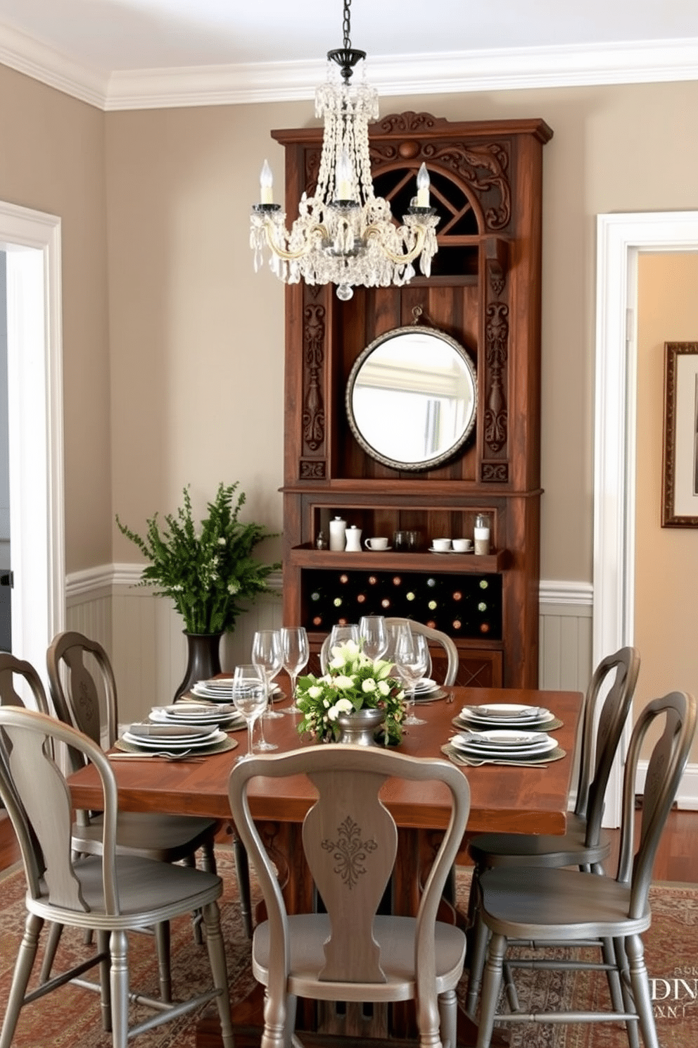 A vintage wine rack serves as the focal point of the dining room, crafted from reclaimed wood with intricate carvings that add character. Surrounding it, a rustic farmhouse table is set with elegant dinnerware, complemented by mismatched vintage chairs that enhance the room's charm. The walls are adorned with soft, muted colors, creating a warm and inviting atmosphere. A crystal chandelier hangs above the table, casting a gentle glow that highlights the rich textures of the decor.