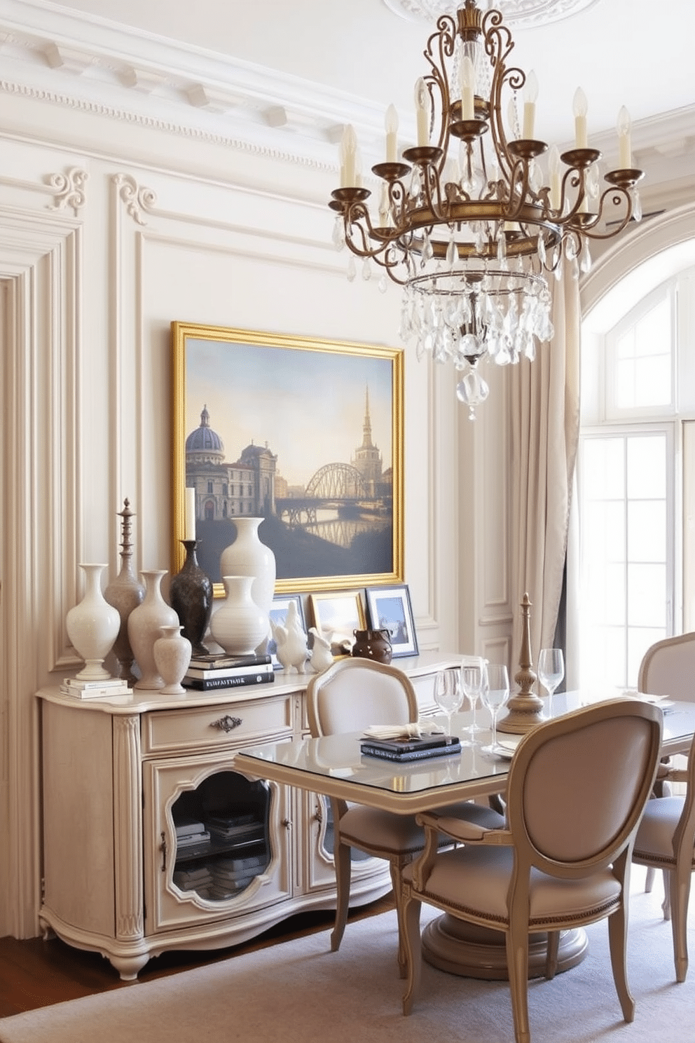 A charming buffet table adorned with decorative accessories, featuring a mix of vintage and modern elements. The buffet is topped with a collection of stylish vases, candles, and a small stack of art books, creating an inviting focal point in the room. The dining room showcases an elegant French design, characterized by intricate moldings and a soft color palette. A grand chandelier hangs above the dining table, which is set with fine china and surrounded by upholstered chairs, enhancing the sophisticated ambiance.