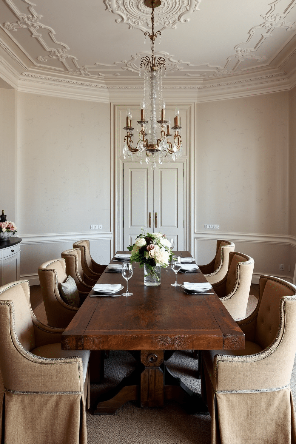 A French dining room with textured wall finishes that add depth and character. The walls are adorned with a soft, muted color palette, featuring intricate plasterwork and a subtle linen texture that enhances the elegance of the space. In the center, a long, rustic wooden table is surrounded by upholstered chairs in rich fabrics. A crystal chandelier hangs above, casting a warm glow over the table, which is set with fine china and fresh flowers for a touch of sophistication.