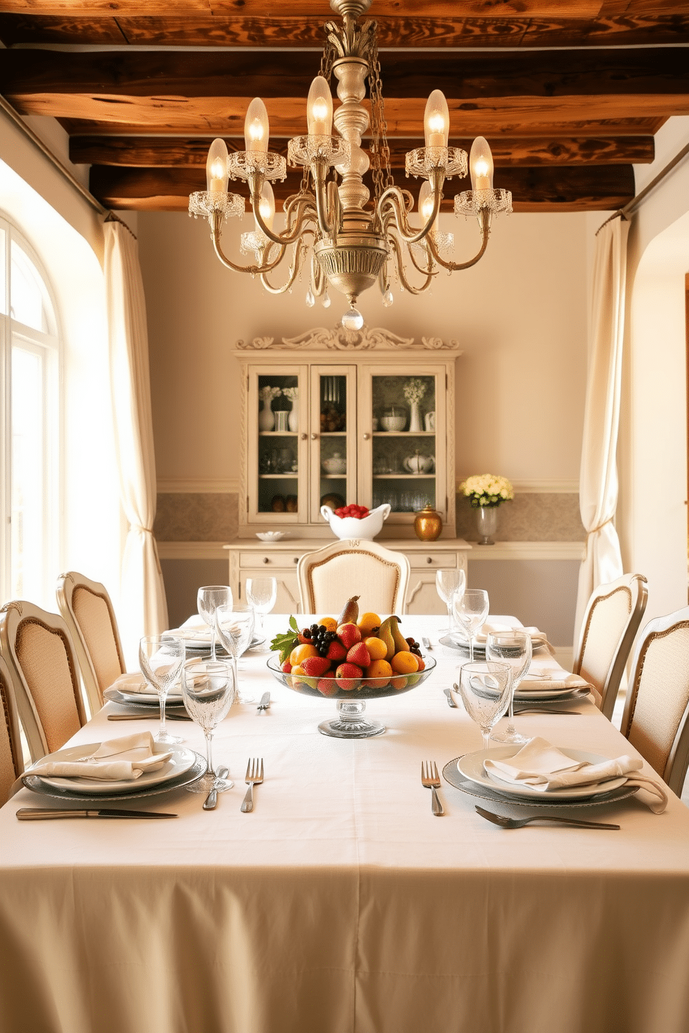 A vibrant fruit bowl sits at the center of a beautifully set French dining table, surrounded by elegant place settings featuring fine china and crystal glassware. The table is adorned with a soft linen tablecloth, while a stunning chandelier hangs above, casting a warm glow over the scene. The walls are painted in a soft pastel hue, complementing the rustic wooden beams that add character to the room. Large windows draped with sheer curtains allow natural light to flood in, enhancing the inviting atmosphere of this charming French dining room.