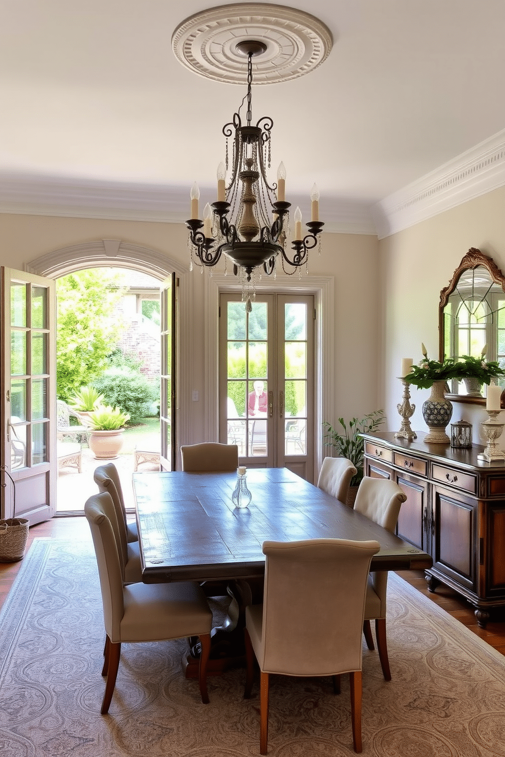 A charming French dining room features elegant French doors that open to a picturesque outdoor space, allowing natural light to flood the room. Inside, a large, rustic wooden dining table is surrounded by upholstered chairs, complemented by a stunning chandelier hanging above. The walls are adorned with soft pastel colors, creating a warm and inviting atmosphere. A vintage sideboard showcases fine china and decorative pieces, while potted plants add a touch of greenery to the space.