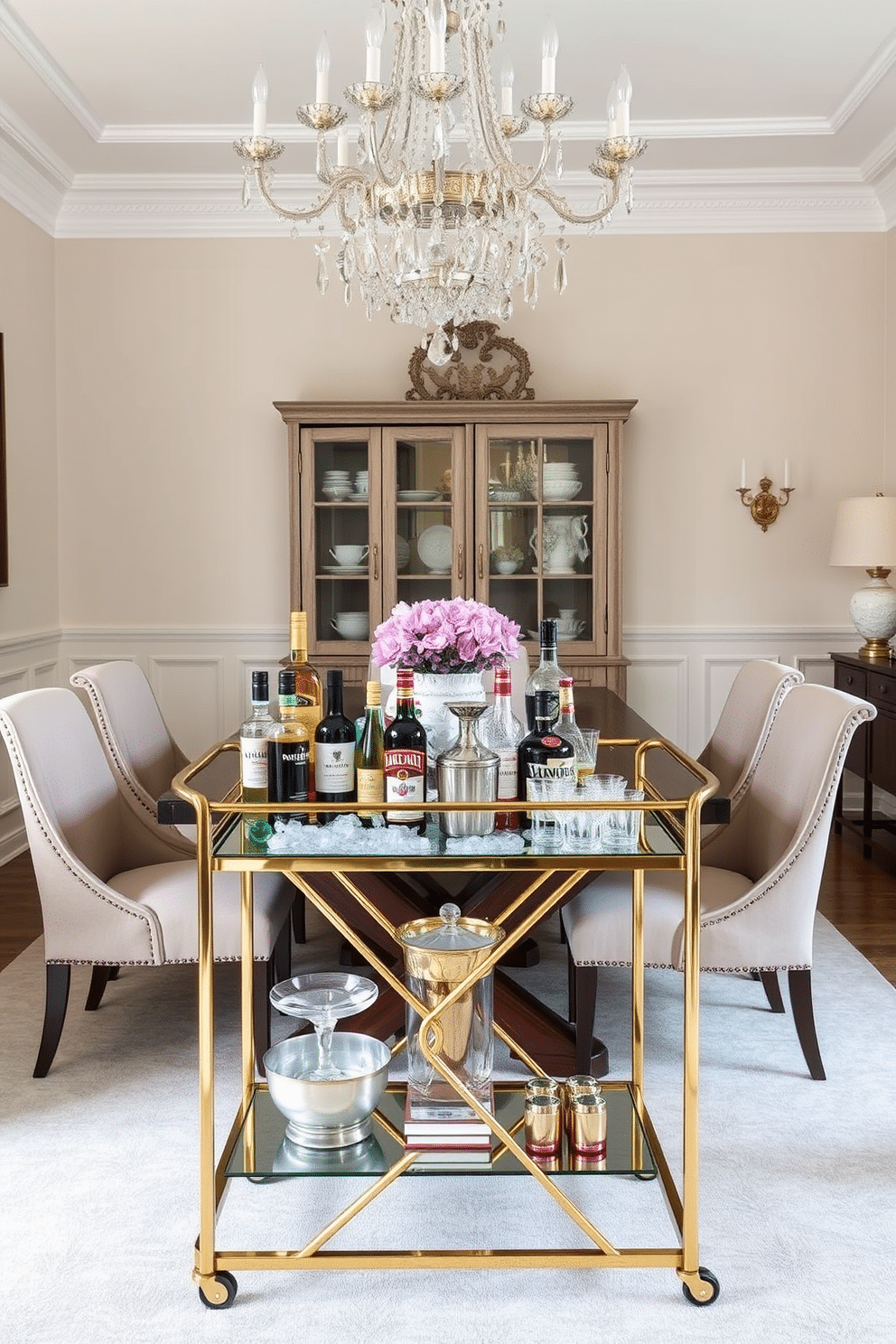 A stylish bar cart for entertaining guests. The cart features a sleek gold frame with a mirrored top, adorned with an assortment of premium spirits, elegant glassware, and a decorative ice bucket filled with fresh ice. French dining room design ideas. The space is characterized by a rustic wooden table surrounded by upholstered chairs, with a stunning chandelier overhead and soft, pastel-colored walls that create an inviting atmosphere.