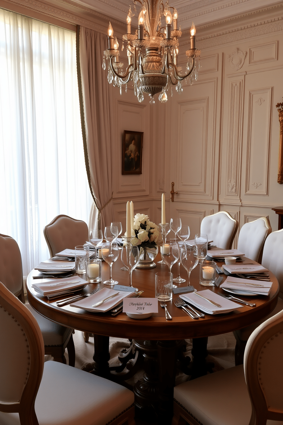 A beautifully curated dining table setting with personalized place settings for each guest. The table is adorned with elegant china, crystal glassware, and custom name cards, surrounded by plush upholstered chairs in a soft pastel hue. The room features classic French design elements, including intricate moldings and a grand chandelier overhead. Soft natural light filters through sheer drapes, illuminating the warm wood tones of the table and adding a touch of sophistication to the ambiance.