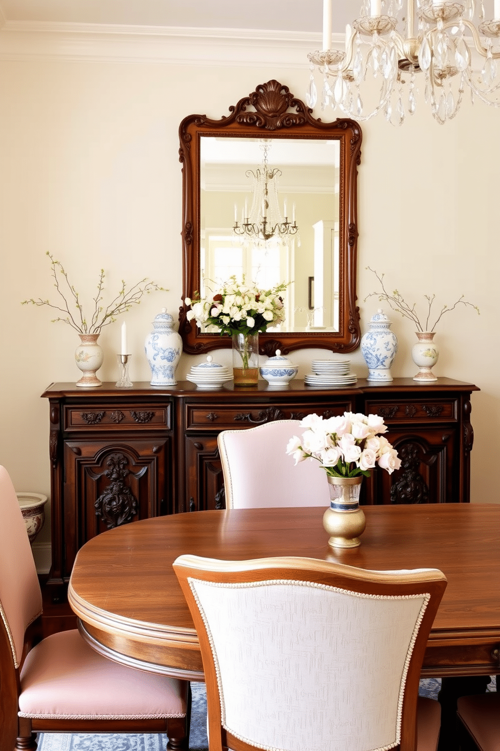 A vintage French sideboard made of dark wood with intricate carvings serves as the focal point of the dining room. The sideboard is adorned with elegant porcelain dishes and a decorative mirror above it, reflecting the warm light from a crystal chandelier. The dining room features a rustic wooden table surrounded by upholstered chairs in soft pastel colors. Delicate floral arrangements in vintage vases add a touch of charm, while the walls are painted in a soft cream, enhancing the room's inviting atmosphere.