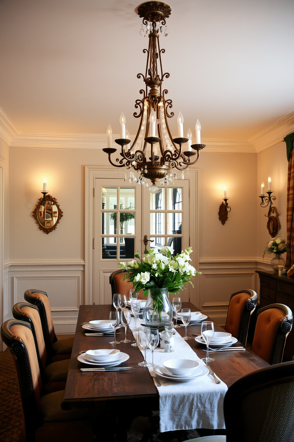 Layered lighting creates a warm and inviting atmosphere in a French dining room. Elegant chandeliers hang from the ceiling, complemented by wall sconces that cast a soft glow on the beautifully set table. The dining table is a rustic wooden piece surrounded by upholstered chairs in rich fabrics. Delicate table settings feature fine china, crystal glassware, and fresh flowers in a vintage vase, enhancing the room's charm.