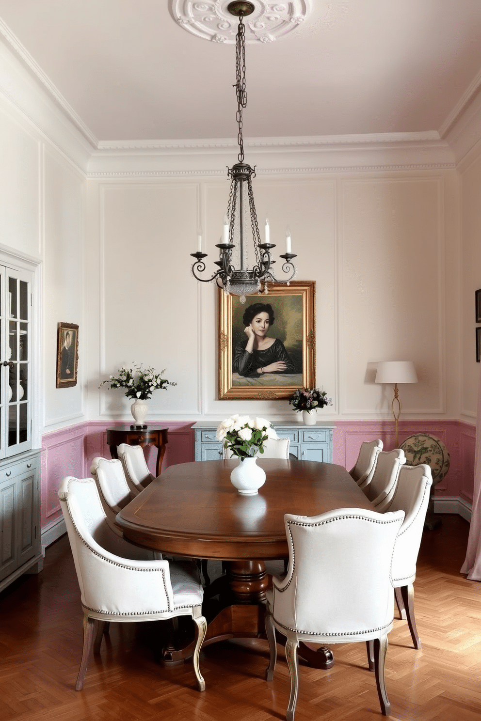 A French dining room adorned with a soft pastel color palette on the walls, creating a serene and inviting atmosphere. An elegant wooden dining table is surrounded by upholstered chairs in light hues, complemented by a vintage chandelier hanging gracefully above.