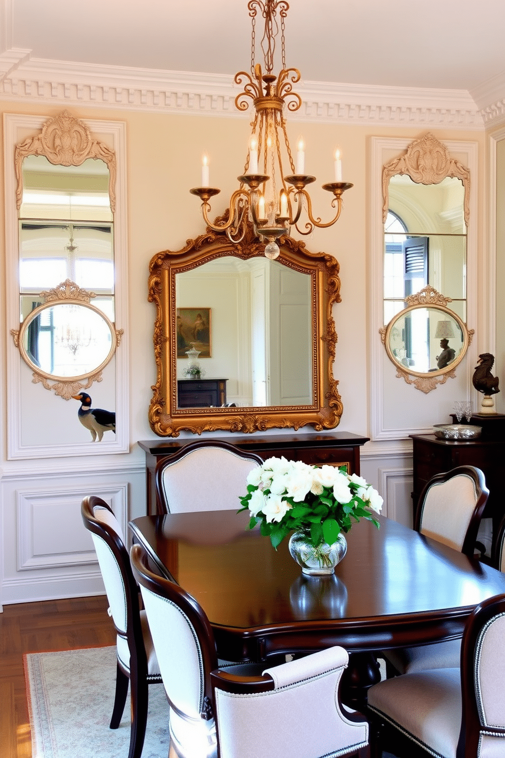 A charming French dining room adorned with antique mirrors that reflect natural light, creating an inviting atmosphere. The elegant wooden dining table is surrounded by upholstered chairs, and a stunning chandelier hangs above, adding a touch of sophistication. The walls are painted in a soft pastel hue, complemented by intricate moldings that enhance the room's classic appeal. A large antique mirror is positioned strategically to amplify the light, while fresh flowers in a vase sit gracefully on the table, completing the elegant setting.