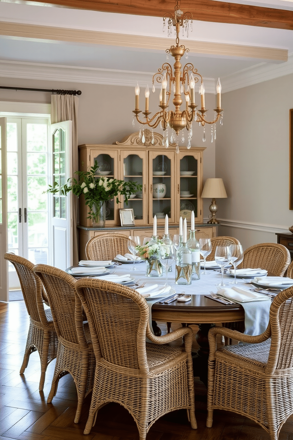 A French dining room featuring woven rattan chairs that add a cozy touch to the space. The table is elegantly set with fine china and crystal glassware, surrounded by soft, warm lighting from a vintage chandelier above.