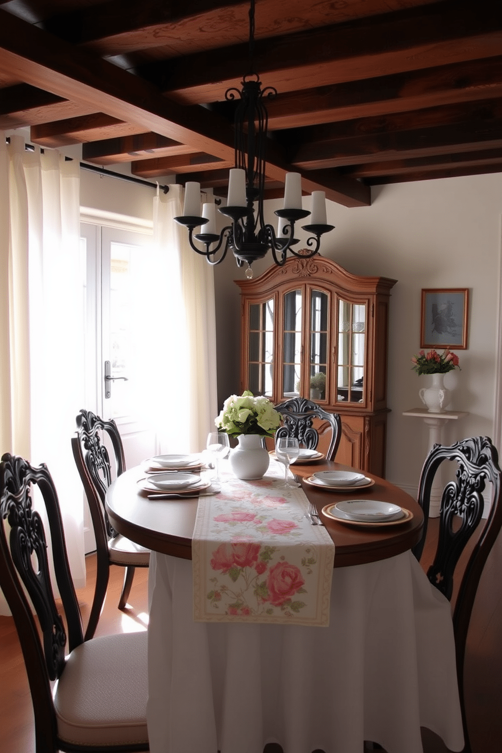 A charming French dining room adorned with a floral table runner that adds a touch of freshness. The table is set with elegant porcelain dinnerware, surrounded by vintage wooden chairs with intricate carvings. Soft, natural light filters through sheer white curtains, illuminating the space with a warm glow. A beautiful chandelier hangs above, complementing the rustic wooden beams that enhance the room's cozy ambiance.