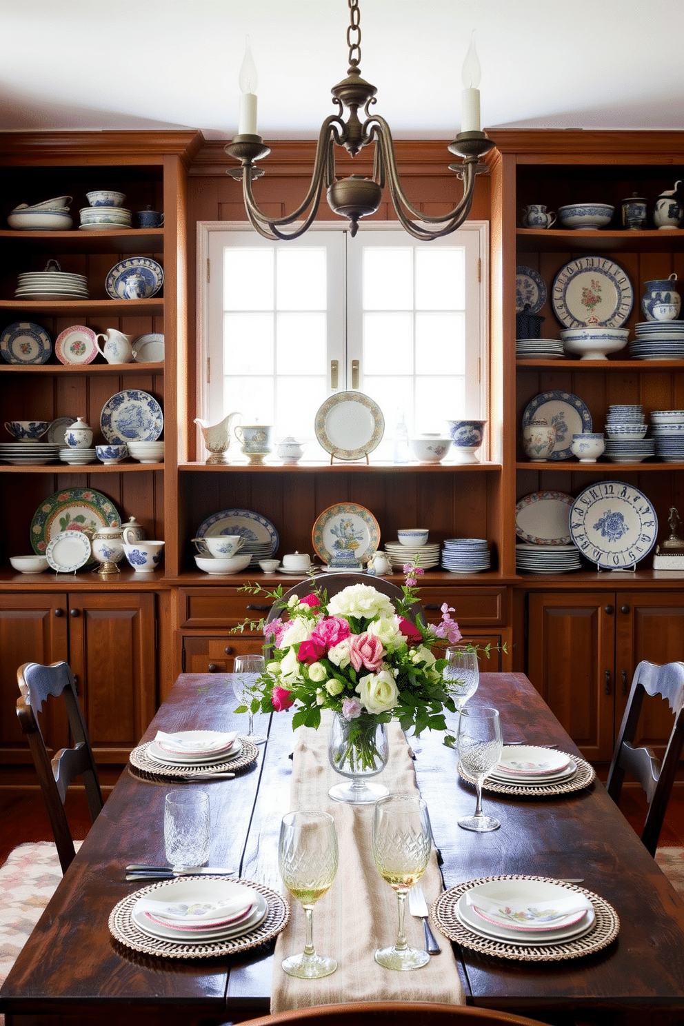 A charming French dining room featuring open shelving that beautifully displays an array of vintage dishware, showcasing intricate patterns and colors. The warm wooden shelves are complemented by a rustic dining table adorned with elegant table settings and a bouquet of fresh flowers in the center.