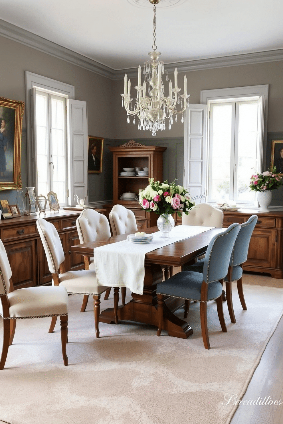 A charming French dining room featuring a rustic wooden table draped with a soft linen tablecloth. Surrounding the table are upholstered chairs in pastel hues, complemented by a delicate chandelier hanging above, casting a warm glow over the space. The walls are adorned with vintage French artwork, and large windows allow natural light to flood in, enhancing the inviting atmosphere. A sideboard displays elegant dinnerware and a vase filled with fresh flowers, adding a touch of color and sophistication to the room.