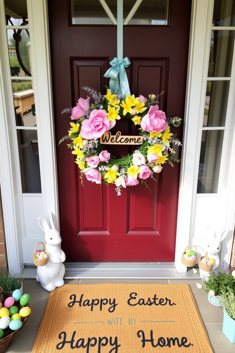 A welcoming front door adorned with a vibrant spring floral wreath, featuring pastel-colored flowers such as pink peonies, yellow daffodils, and lavender sprigs. The wreath is accented with a soft, pastel blue ribbon, and a small, wooden 