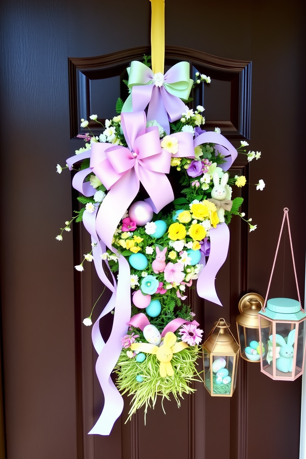 A charming Easter-themed door swag adorns the front door, featuring pastel-colored ribbons intertwined with delicate spring flowers and greenery. The centerpiece of the swag is a large, cheerful bow in soft pink, complemented by smaller bows in lavender and mint, creating a welcoming and festive entryway. For front door Easter decorating ideas, consider adding a vibrant wreath made of faux eggs, bunny figurines, and fresh flowers in a palette of soft blues, yellows, and pinks. Pair this with a pastel-colored doormat and hanging lanterns filled with Easter grass and mini decorative eggs to complete the enchanting seasonal look.