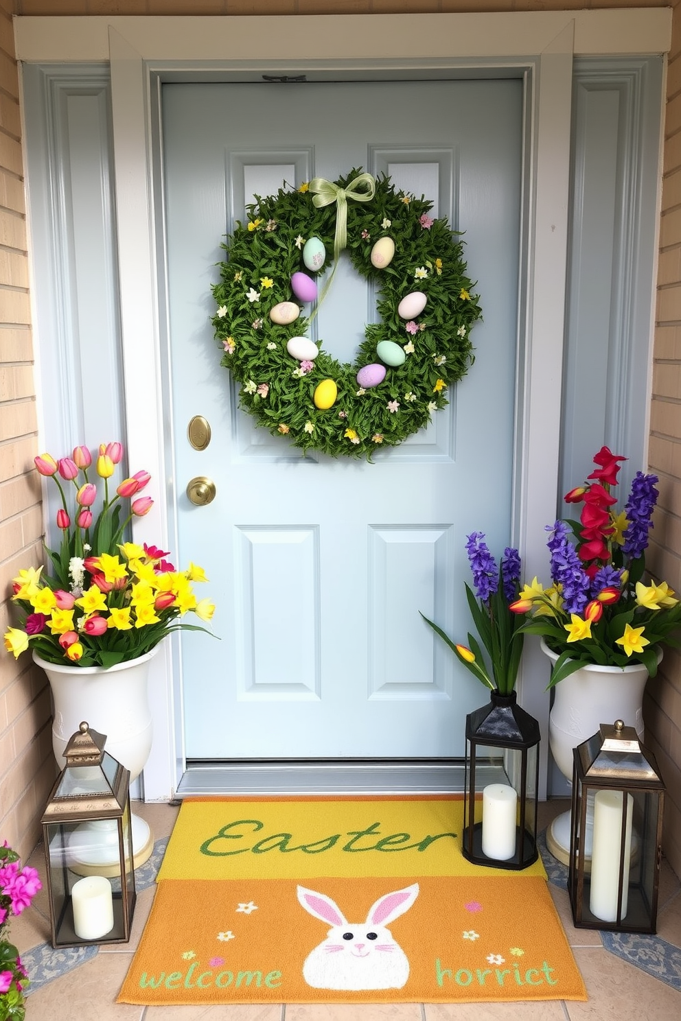 A charming front door decorated for Easter. The door is painted a soft pastel blue and adorned with a lush, green wreath decorated with colorful, pastel eggs and small spring flowers. On each side of the door, there are large potted plants filled with vibrant tulips, daffodils, and hyacinths. The doorstep is accented with a cheerful welcome mat featuring an Easter bunny design, and a pair of lanterns with lit candles add a warm, inviting glow.