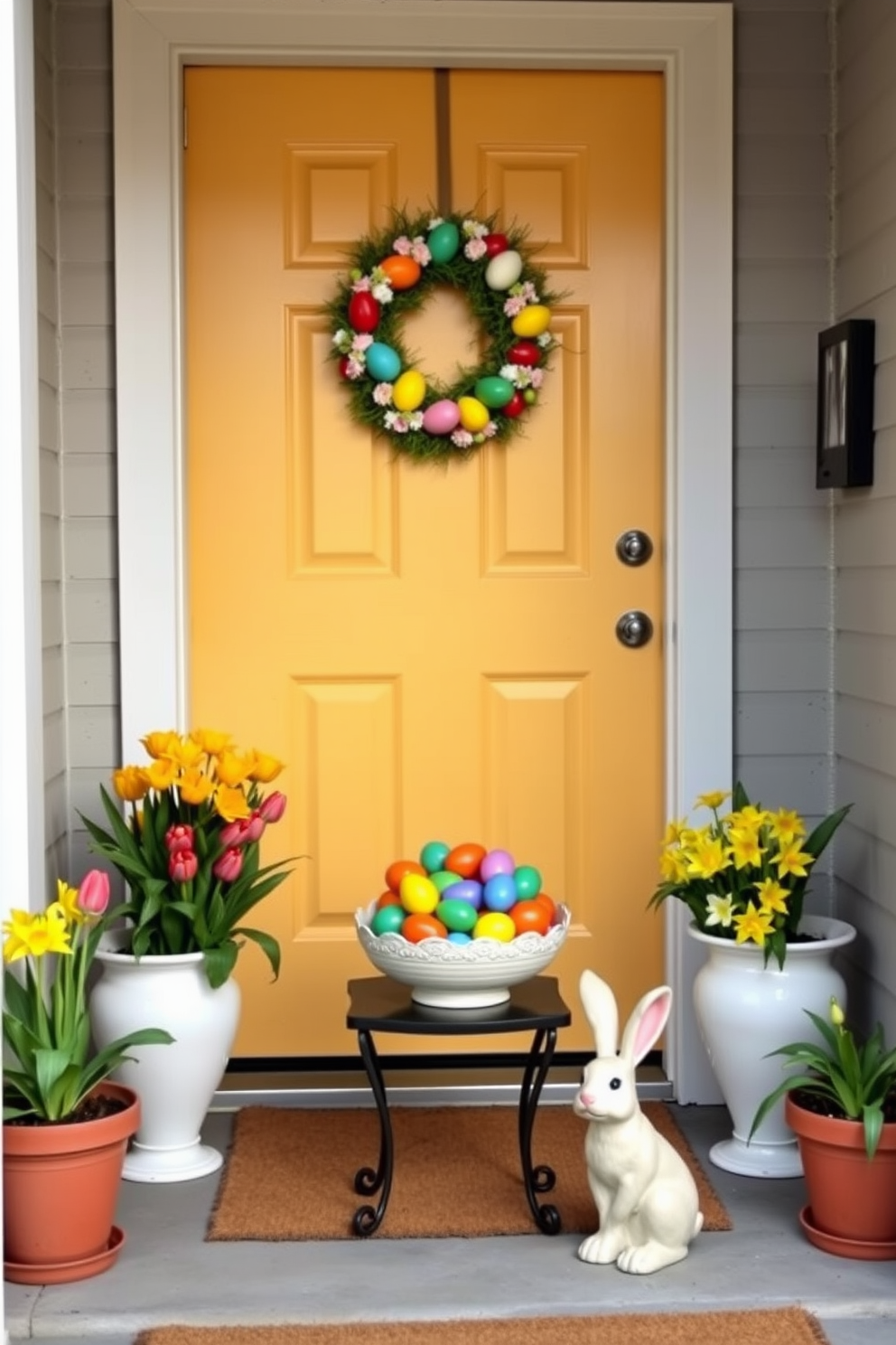 A welcoming entryway adorned with festive Easter decorations. The front door is painted a cheerful pastel color, and a vibrant wreath made of colorful eggs and spring flowers hangs at its center. On either side of the door, potted plants with blooming tulips and daffodils add a touch of nature. A decorative bowl filled with brightly colored eggs sits on a small table near the entrance, alongside a charming bunny figurine.