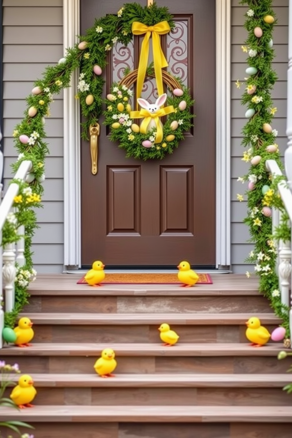 A charming front porch adorned with Easter decorations. The steps feature adorable chick figurines, each positioned on a different step, creating a playful and inviting atmosphere. The front door is framed by a lush green garland intertwined with pastel-colored Easter eggs and delicate spring flowers. A welcoming wreath, adorned with miniature bunny figurines and bright yellow ribbons, hangs on the door, completing the festive look.