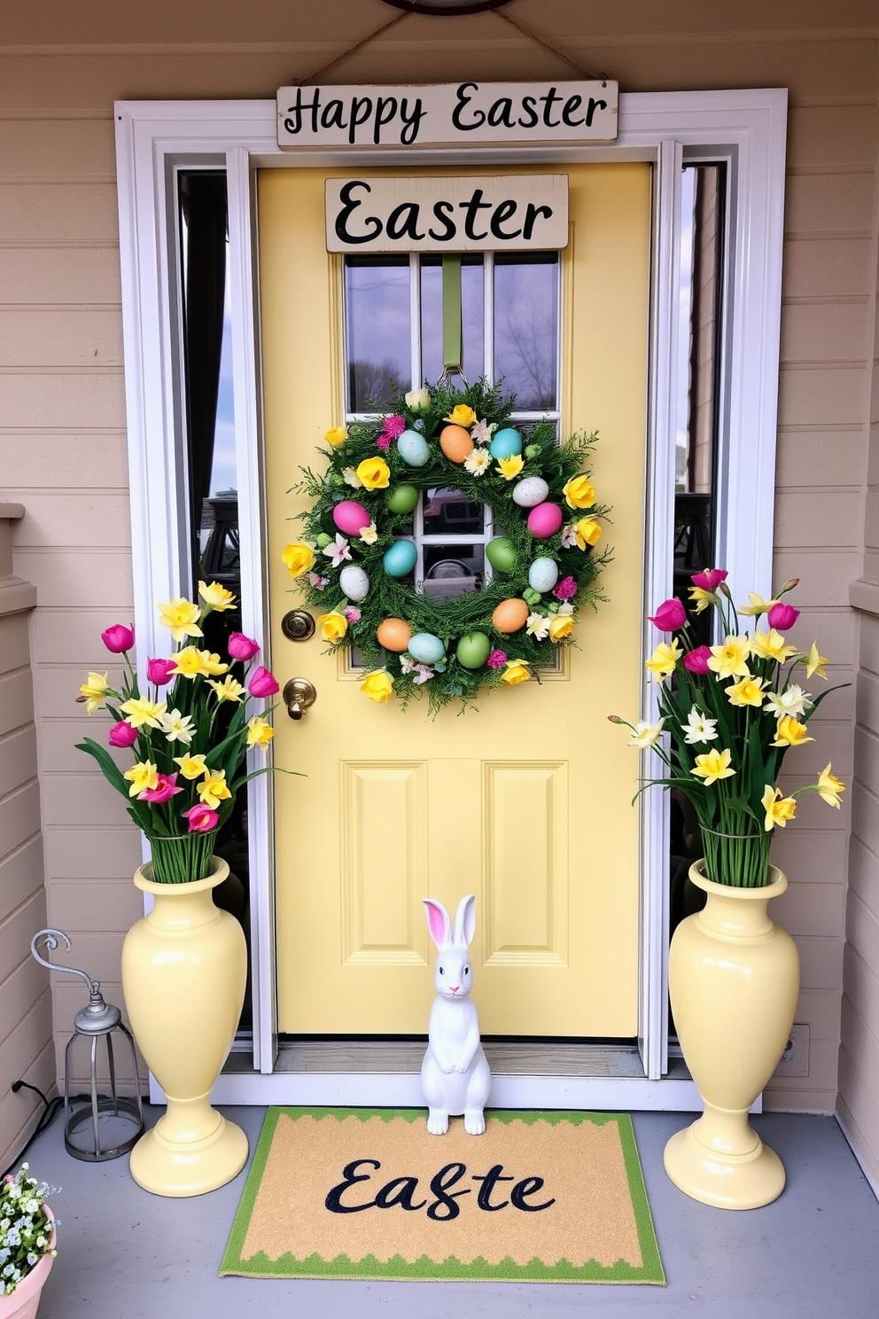 A welcoming front door decorated for Easter. The door is painted a pastel yellow and adorned with a large, vibrant wreath made of colorful eggs, spring flowers, and green foliage. Flanking the door are two tall planters filled with blooming tulips and daffodils, and a cheerful 