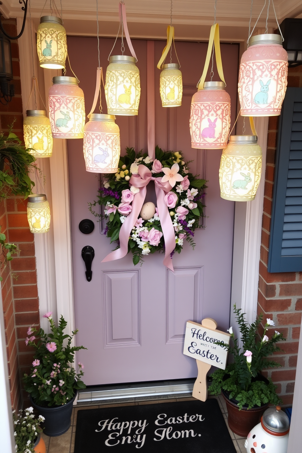 A charming front door adorned with hanging lanterns featuring intricate Easter motifs. The lanterns, suspended at varying heights, are painted in pastel colors and display delicate patterns of bunnies, eggs, and flowers, casting a warm and festive glow. The door itself is decorated with a lush wreath made of intertwined spring flowers and ribbons in soft hues. A welcome mat with an Easter greeting sits at the doorstep, complemented by potted plants and a small wooden sign that reads 