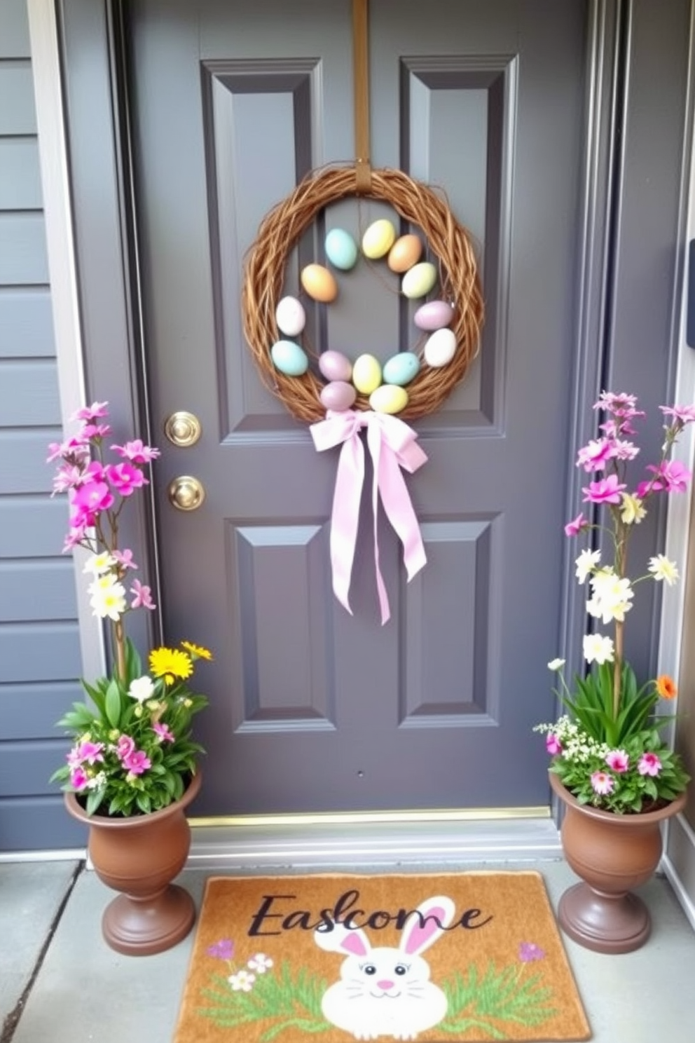 A charming front door decorated for Easter. A grapevine wreath adorned with pastel-colored eggs hangs at the center, complemented by a soft pink ribbon bow at the bottom. Flanking the door are two potted plants, each featuring vibrant spring flowers and greenery. A welcome mat with an Easter bunny design sits at the doorstep, adding a whimsical touch to the festive entrance.