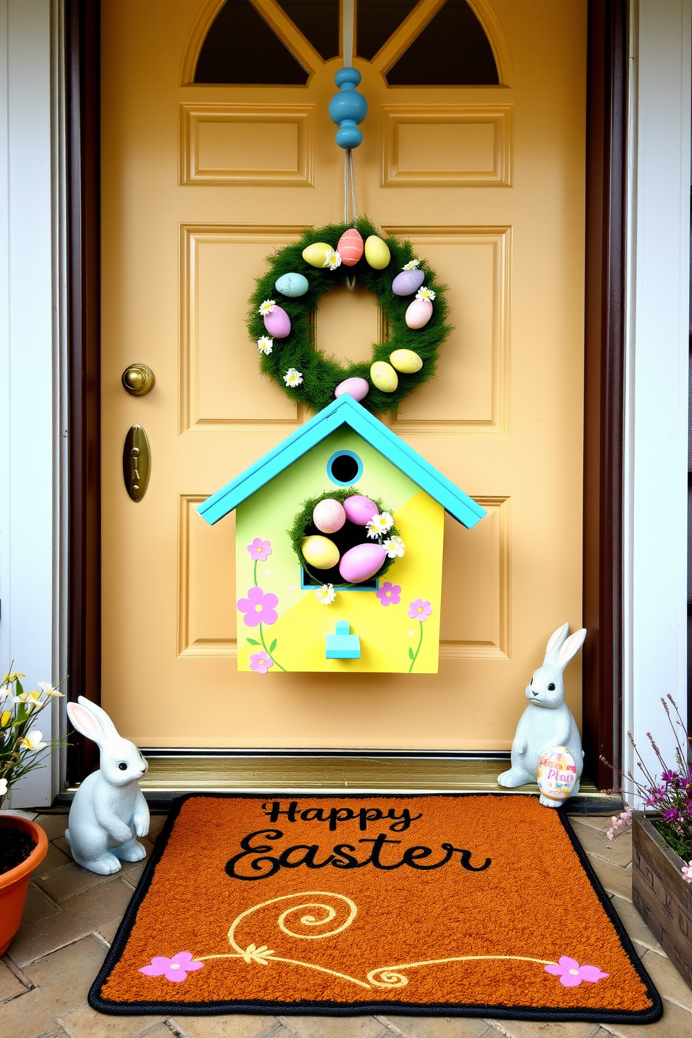 A charming decorative birdhouse painted in vibrant spring colors. It features a pastel blue roof, a soft yellow body, and delicate pink flowers painted around the entrance, with a small perch extending from the front. A welcoming front door adorned with Easter decorations. A wreath made of pastel-colored eggs and fresh flowers hangs on the door, while a pair of bunny statues sit on either side of a doormat with a cheerful 