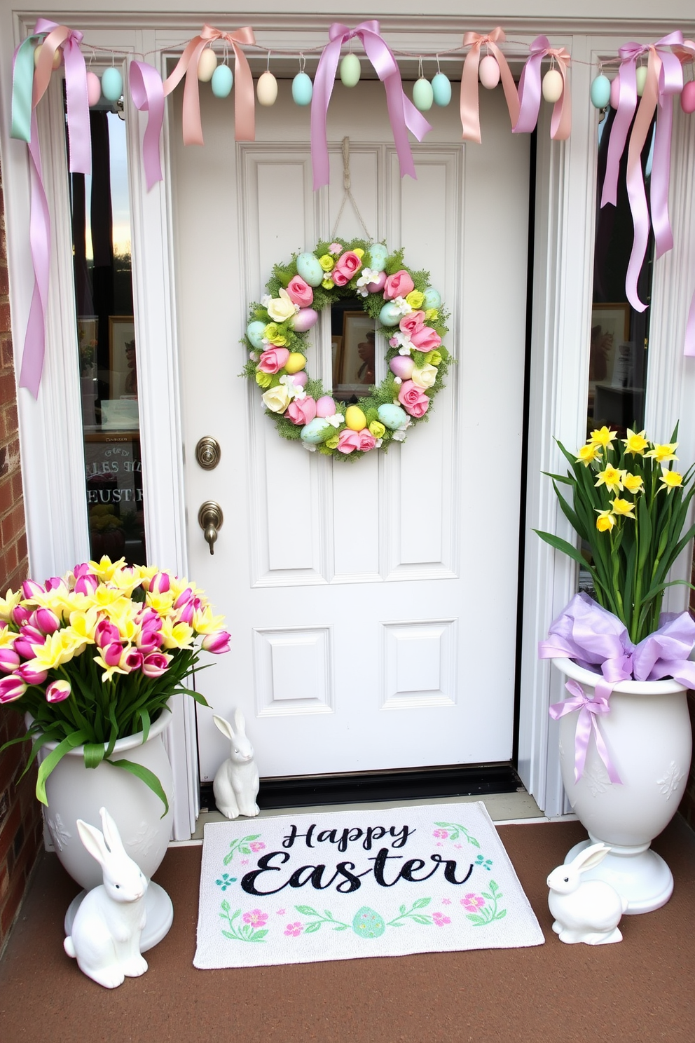 A charming front door adorned for Easter. A pastel-colored wreath made of faux flowers and Easter eggs hangs on the door, while a doormat with a cheerful 