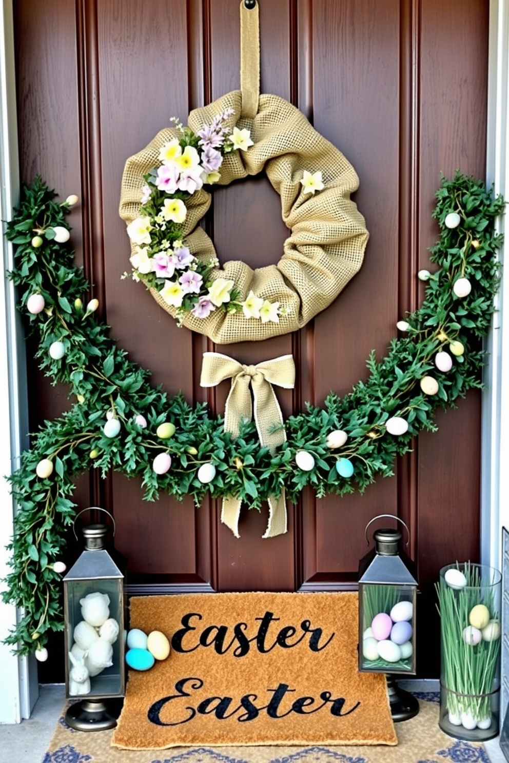 A rustic burlap wreath adorned with pastel-colored floral accents hangs on a charming wooden front door. The wreath features a mix of soft pink, yellow, and lavender flowers, complemented by delicate greenery and a burlap bow at the bottom. For Easter decorating ideas, the front door is framed with a garland of fresh greenery intertwined with colorful Easter eggs and small fairy lights. A welcoming doormat with a cheerful Easter message and a pair of lanterns filled with faux grass and decorative eggs complete the festive look.