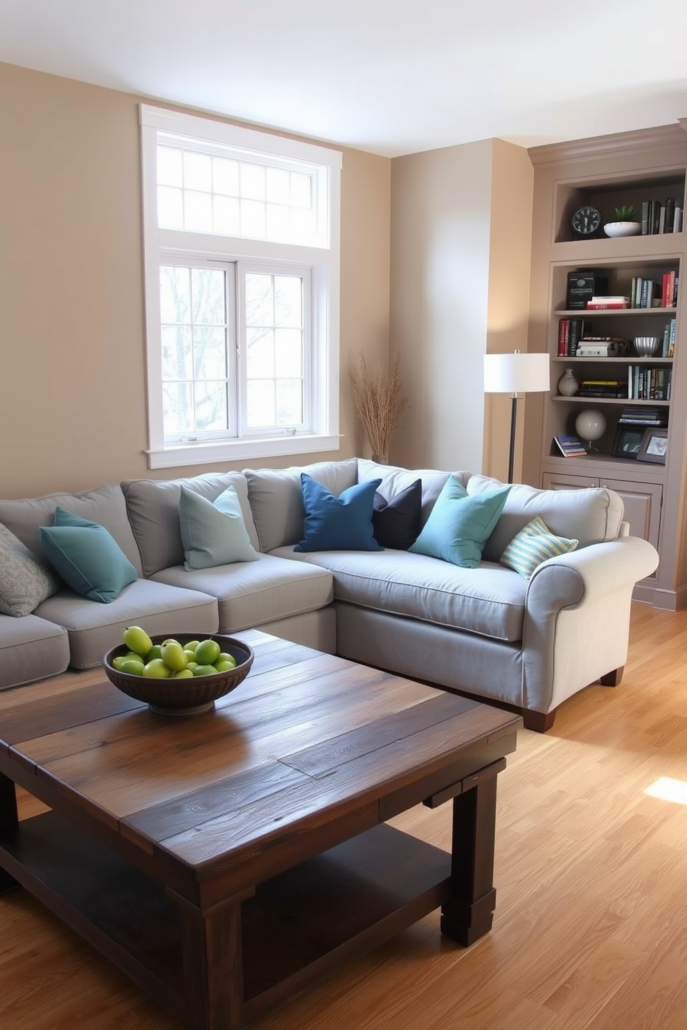 A cozy living room with a large, plush sectional sofa in a soft gray color. The sofa is adorned with various throw pillows in shades of blue and green, adding a touch of color. A rustic wooden coffee table sits in front of the sofa, featuring a decorative bowl filled with fresh fruit. The walls are painted in a warm beige, and a large window allows natural light to flood the room, highlighting the light oak hardwood floors. A stylish floor lamp with a white shade stands next to the sofa, providing additional lighting. On the opposite wall, a built-in bookshelf is filled with books and decorative items, creating a cozy and inviting atmosphere.