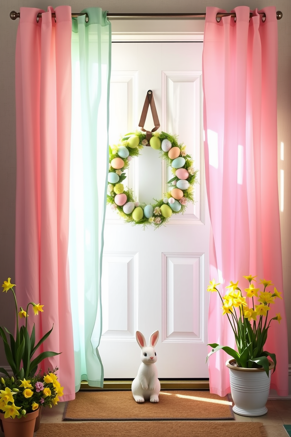 Pastel-colored door curtains for a soft look. Light pink, blue, and mint green curtains gently sway in the breeze, creating a serene and inviting entrance. The soft fabric filters sunlight, casting a delicate glow into the room. These curtains complement a light, airy decor, enhancing the overall tranquility of the space. Front Door Easter Decorating Ideas. A vibrant wreath made of pastel-colored eggs and fresh spring flowers adorns the door, welcoming guests with a festive touch. Flanking the door, potted tulips and daffodils add bursts of color, while a cute bunny figurine sits on the doorstep, completing the cheerful Easter look.