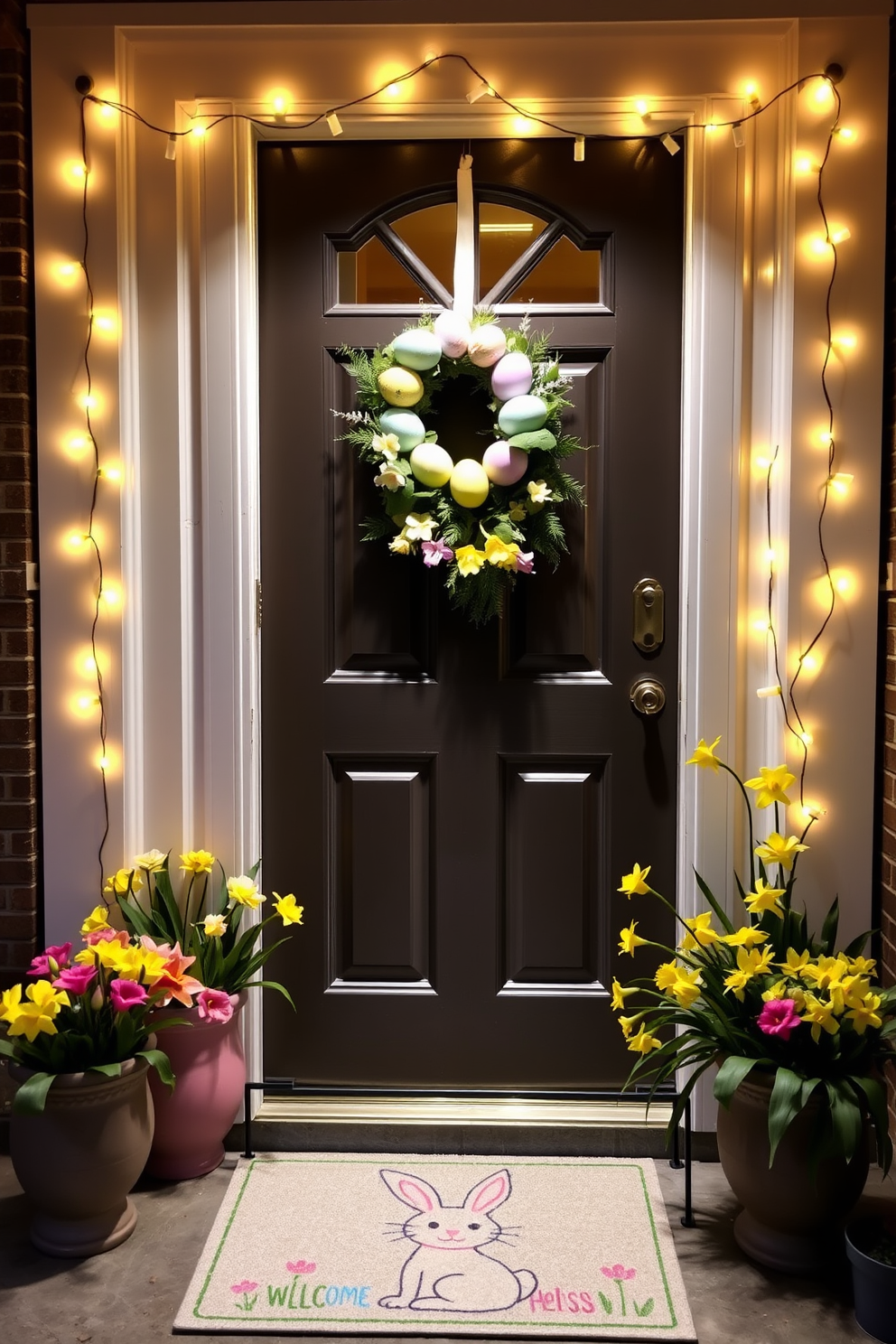 The front door is adorned with Easter-themed fairy lights, casting a warm and inviting glow around the entrance. A wreath made of pastel-colored eggs and fresh spring flowers hangs on the door, adding a touch of festive charm. On either side of the door, potted plants with blooming tulips and daffodils create a vibrant, seasonal display. A welcome mat featuring an Easter bunny design completes the look, ensuring guests feel the holiday spirit as soon as they arrive.