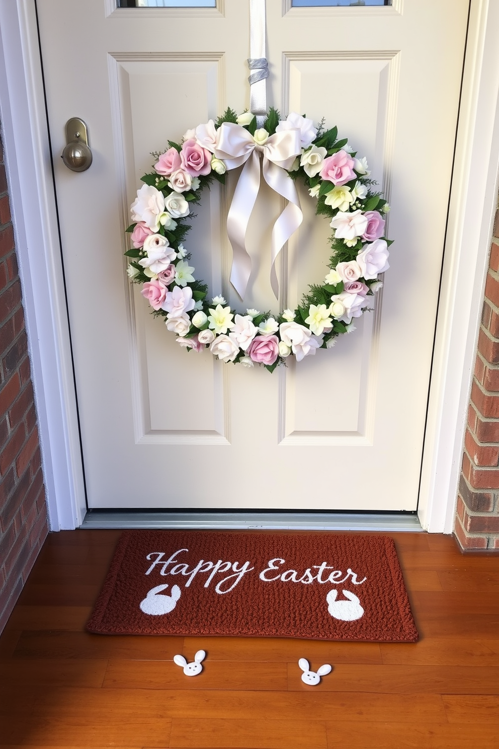 An inviting front door adorned with a pastel-colored wreath made of soft, artificial flowers and delicate ribbons. Below the wreath, a welcome mat with a cheerful 