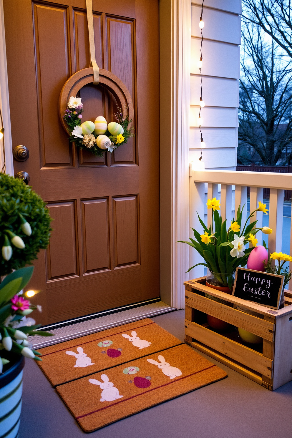 A cozy front porch adorned with Easter decorations. A wooden wreath with pastel-colored eggs and flowers hangs on the door, while a welcome mat with bunny prints lies at the entrance. To the side, a vintage wooden crate holds potted tulips and daffodils, with a small chalkboard sign that reads 