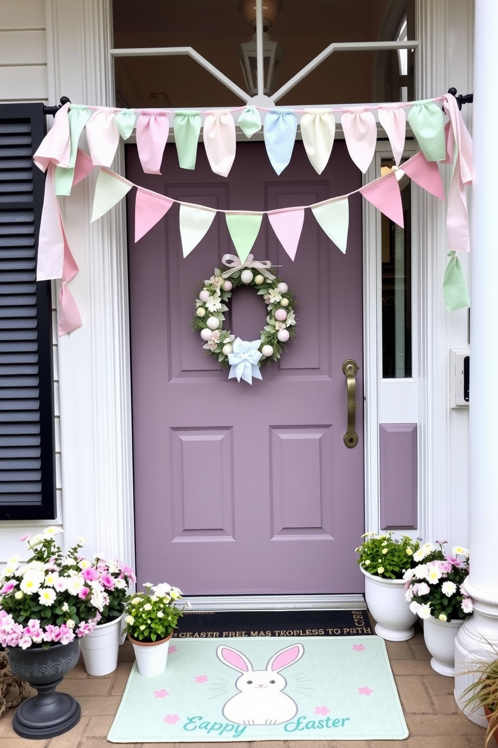 A charming front door decorated for Easter. A pastel-colored wreath hangs on the door, surrounded by hanging fabric bunting in soft spring colors like light pink, mint green, and baby blue. The bunting extends across the top of the door frame, creating a festive and welcoming entrance. Below, potted flowers in matching pastel hues line the steps, and a cheerful doormat with an Easter bunny design completes the look.