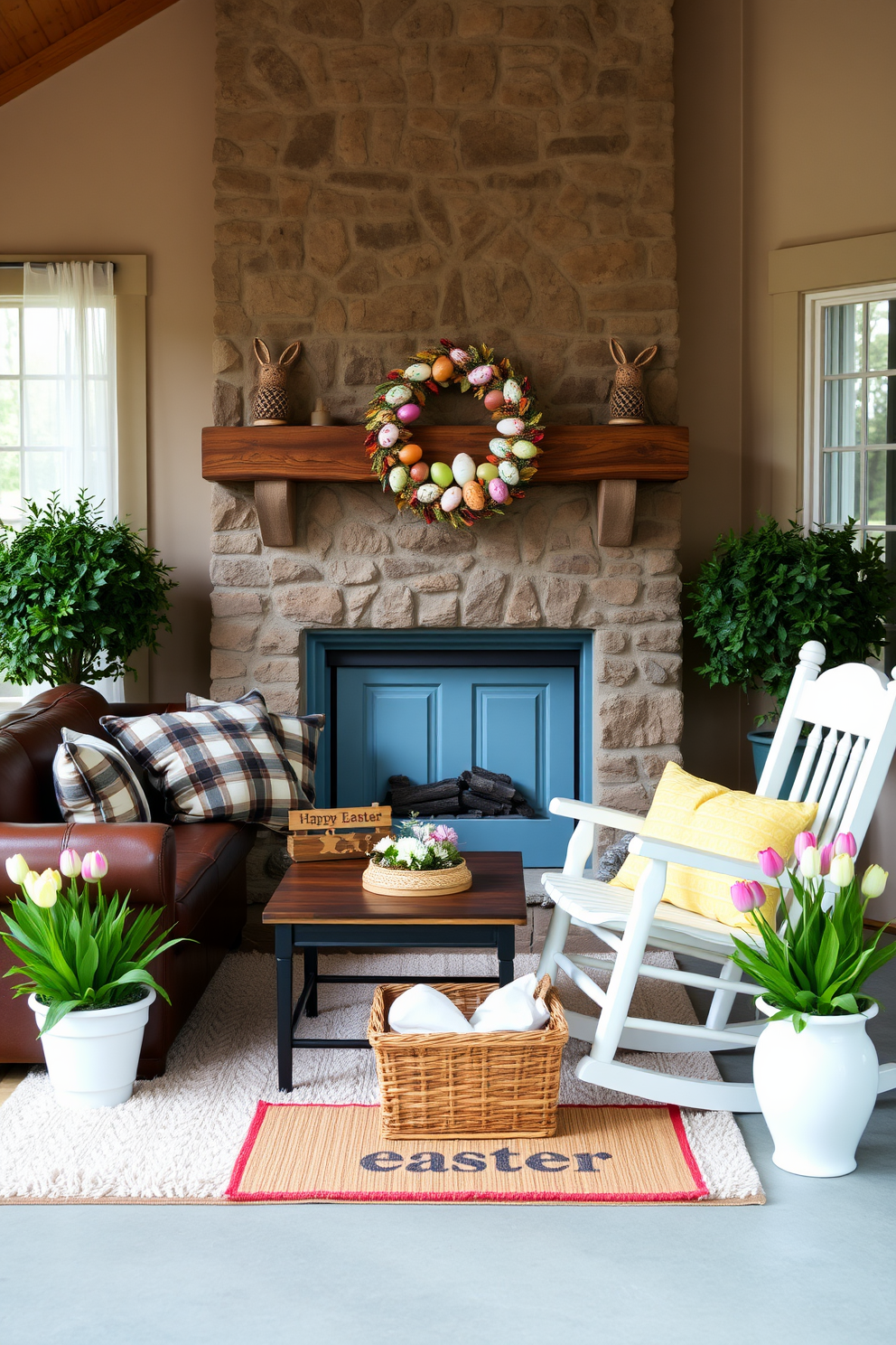 A cozy living room with a rustic charm. There is a large stone fireplace as the focal point, with a wooden mantel adorned with pinecone bunnies and autumn leaves. The room features a comfortable leather sofa with plaid throw pillows, and a wooden coffee table placed on a plush, cream-colored rug. The walls are painted in a warm beige, and a large window with sheer curtains allows natural light to flood the space. A woven basket filled with cozy blankets sits next to the fireplace, adding to the inviting atmosphere. A welcoming front porch decorated for Easter. The front door is painted in a pastel blue, with a festive Easter wreath made of colorful eggs and flowers hanging in the center. Flanking the door are two large potted plants, each with a small wooden sign that reads 