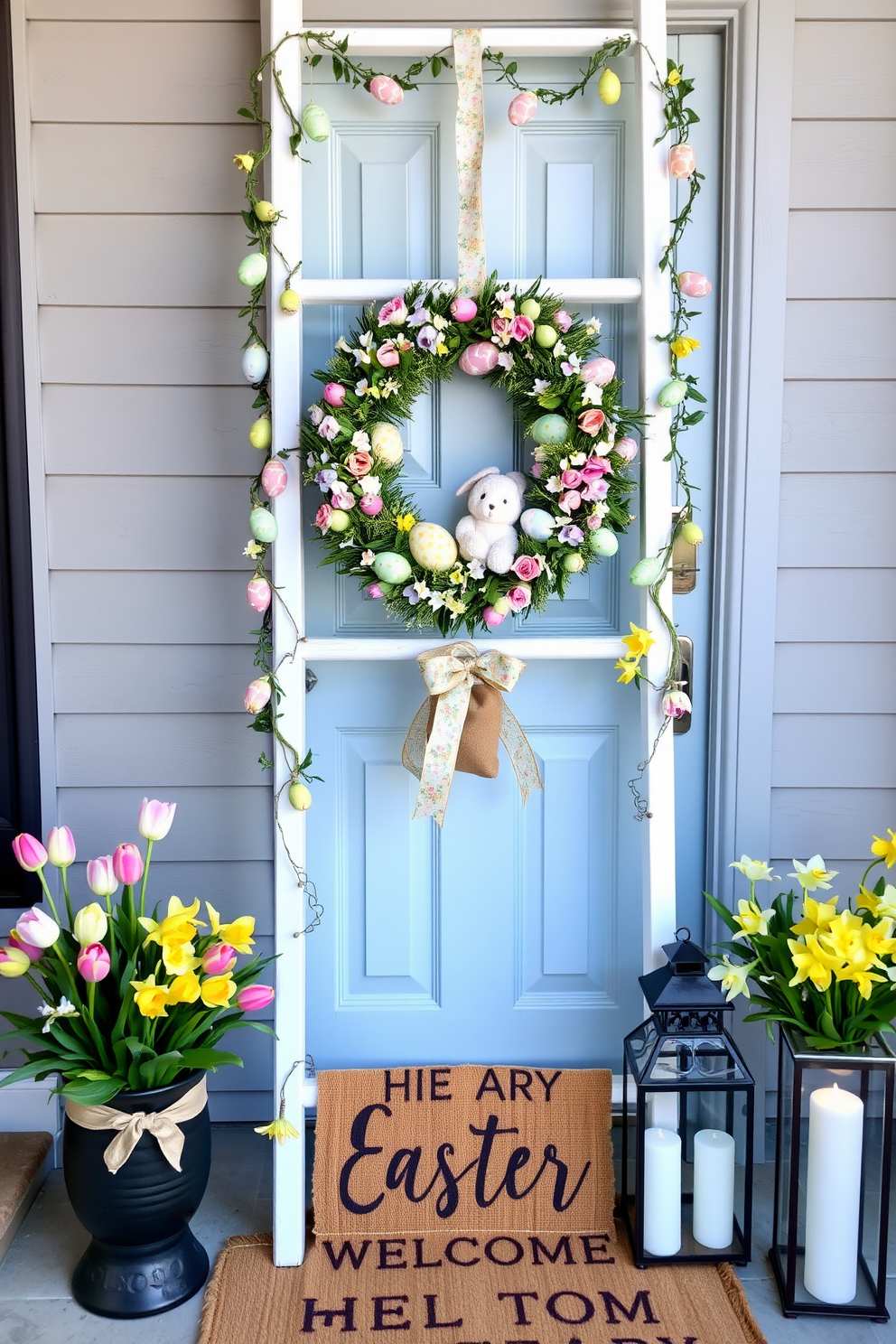 A decorative ladder adorned with Easter decorations. The ladder is painted white and draped with pastel-colored garlands, featuring small hanging Easter eggs and bunny figurines. Each rung of the ladder holds a different festive item, such as a small basket filled with faux grass and colorful eggs, a plush bunny, and a string of fairy lights. A soft, floral-patterned ribbon is woven through the rungs, adding a touch of spring charm to the display. Front door Easter decorating ideas. The door is painted a soft pastel blue, with a large, vibrant wreath made of artificial flowers, greenery, and speckled Easter eggs hanging in the center. Flanking the door are two large planters filled with blooming tulips and daffodils, each wrapped with a burlap ribbon. A welcome mat featuring a cheerful Easter message and a pair of decorative lanterns with LED candles complete the inviting, festive look.