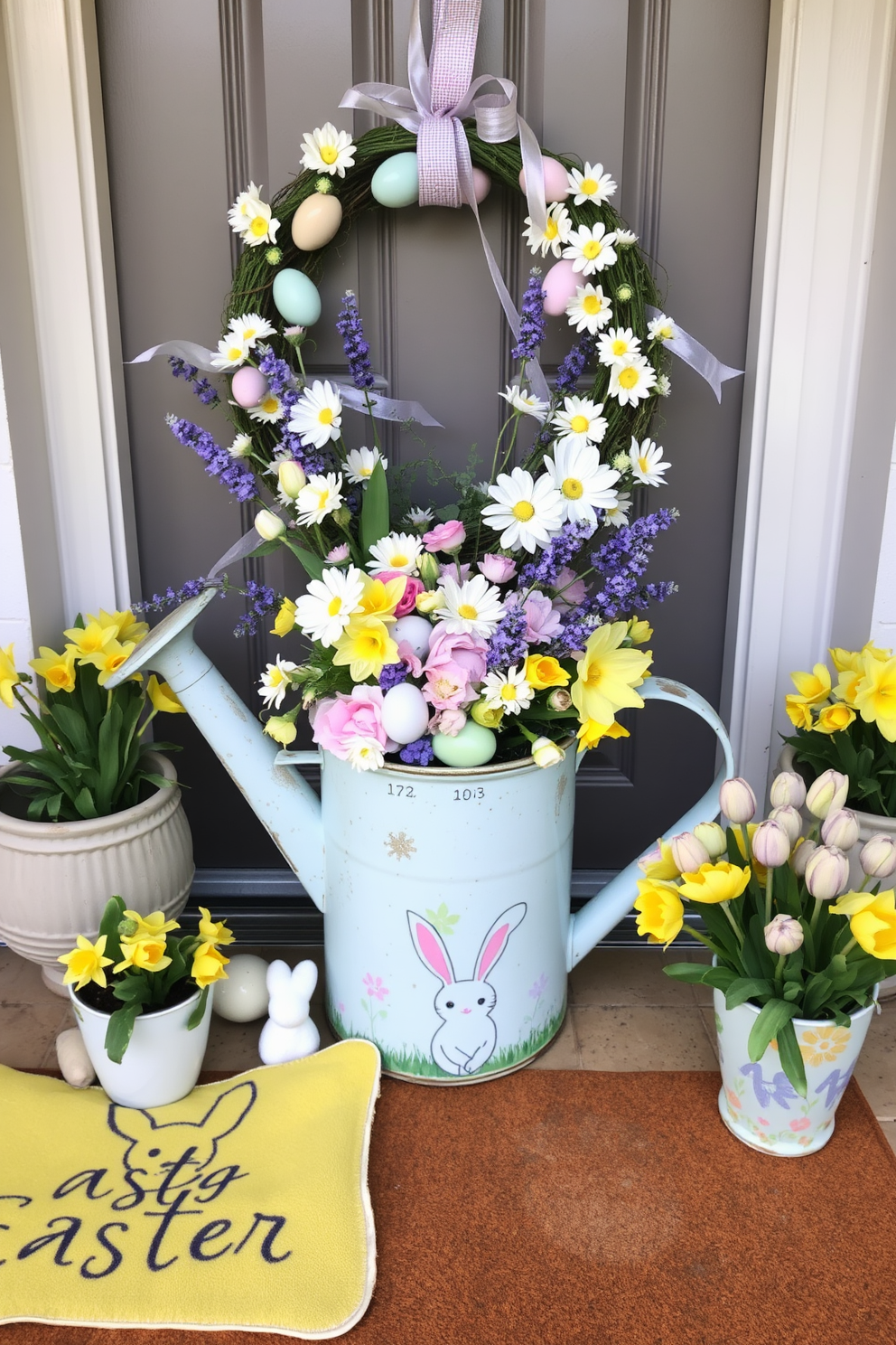 A charming floral arrangement displayed in a vintage watering can. The can, adorned with a rustic patina, overflows with a variety of colorful blooms including daisies, tulips, and lavender, creating a whimsical centerpiece for any room. Front door Easter decorating ideas featuring a pastel-hued wreath adorned with faux eggs, spring flowers, and delicate ribbons. Flanking the door, two large planters filled with blooming daffodils and tulips, while a cheerful welcome mat with an Easter bunny design completes the festive look.