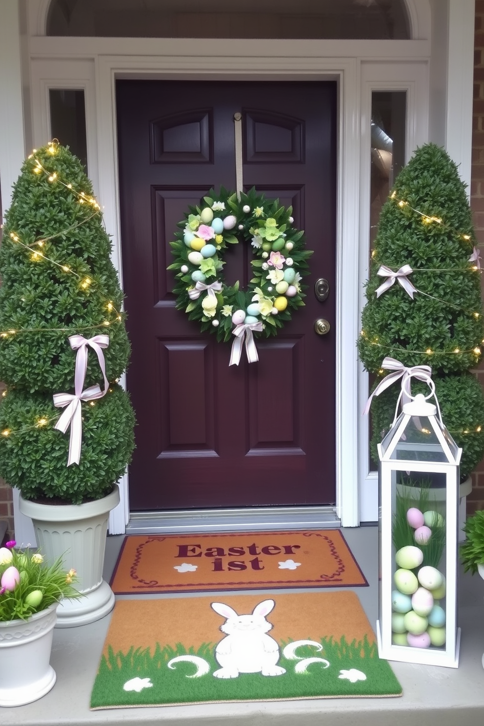 A charming egg-shaped topiary stands proudly on the porch, flanking each side of the entrance. The topiary is adorned with delicate fairy lights and pastel-colored ribbons, creating a welcoming and festive atmosphere. For Easter decorating ideas, consider a front door adorned with a lush wreath made of fresh spring flowers and colorful Easter eggs. Complement this with a cheerful doormat featuring an Easter bunny motif and a pair of decorative lanterns filled with faux grass and painted eggs.